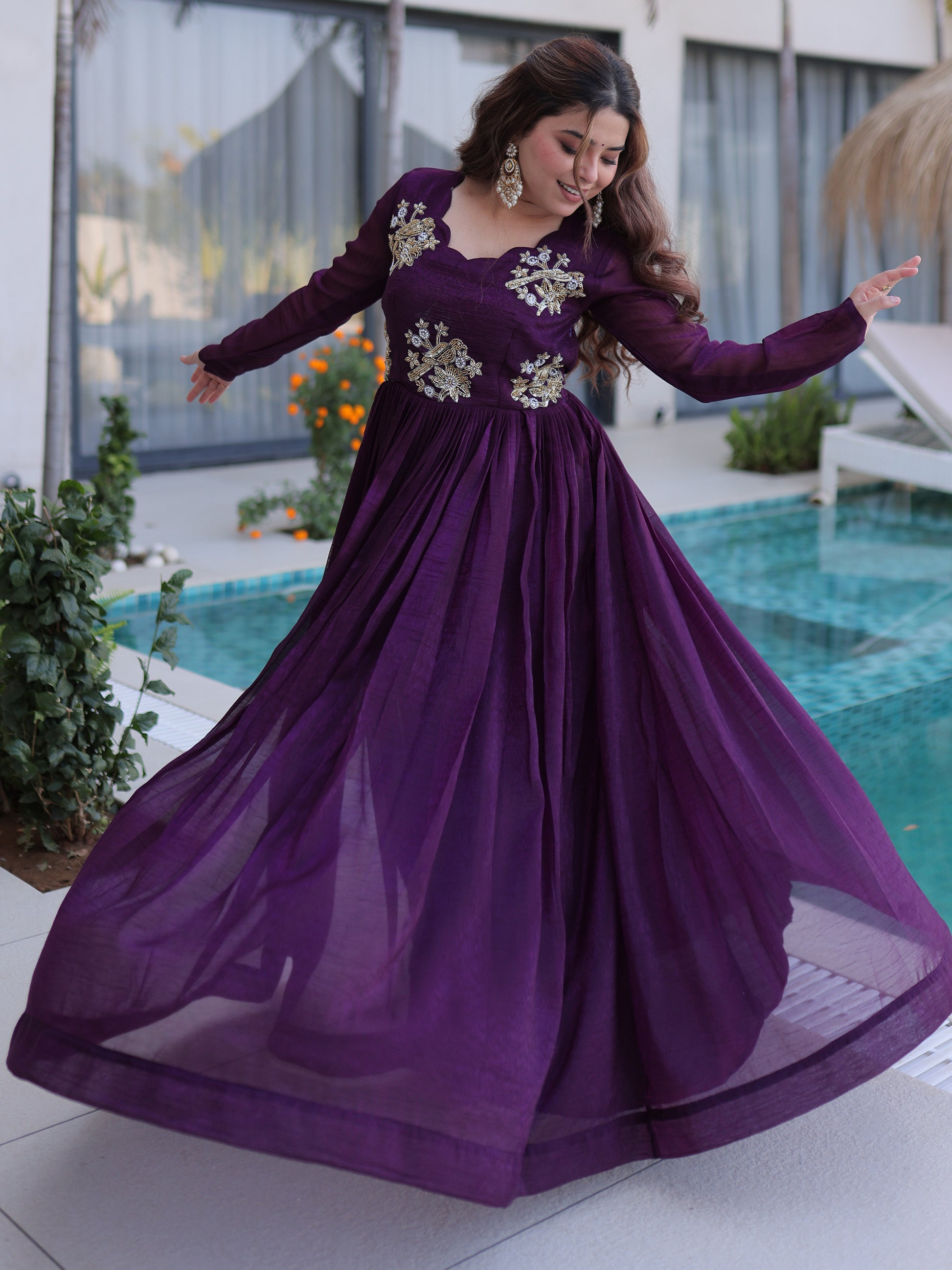 Bewitching Purple Beads Work Velvet Engagement Wear Gown