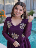Bewitching Purple Beads Work Velvet Engagement Wear Gown