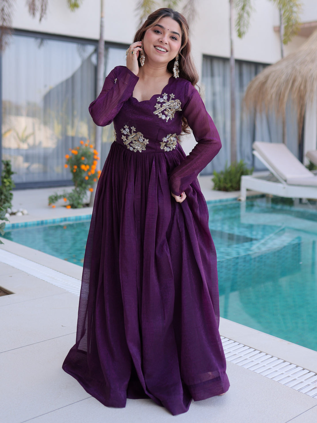 Bewitching Purple Beads Work Georgette Engagement Wear Gown