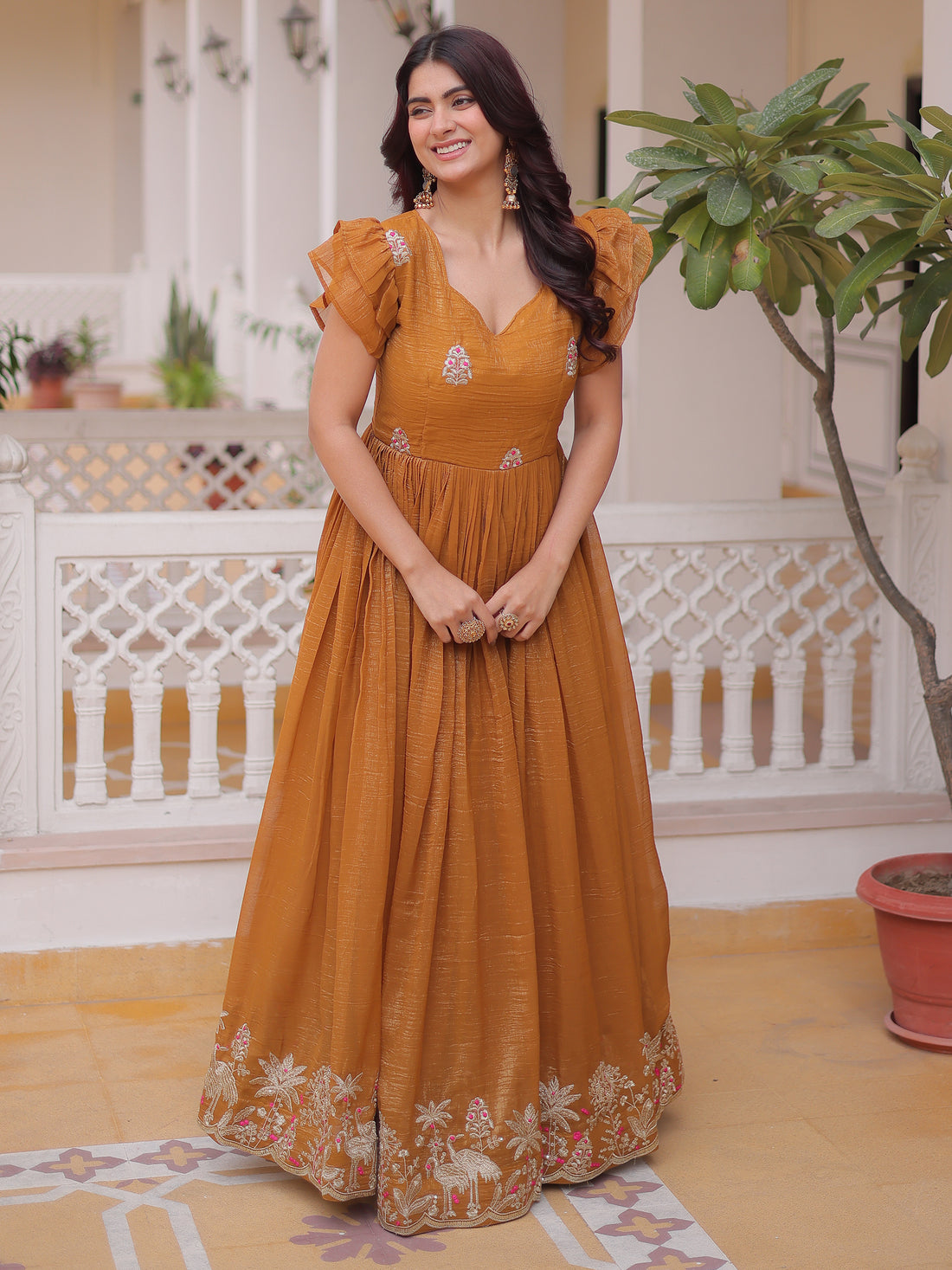 Outstanding Yellow Embroidered Organza Festival Wear Gown