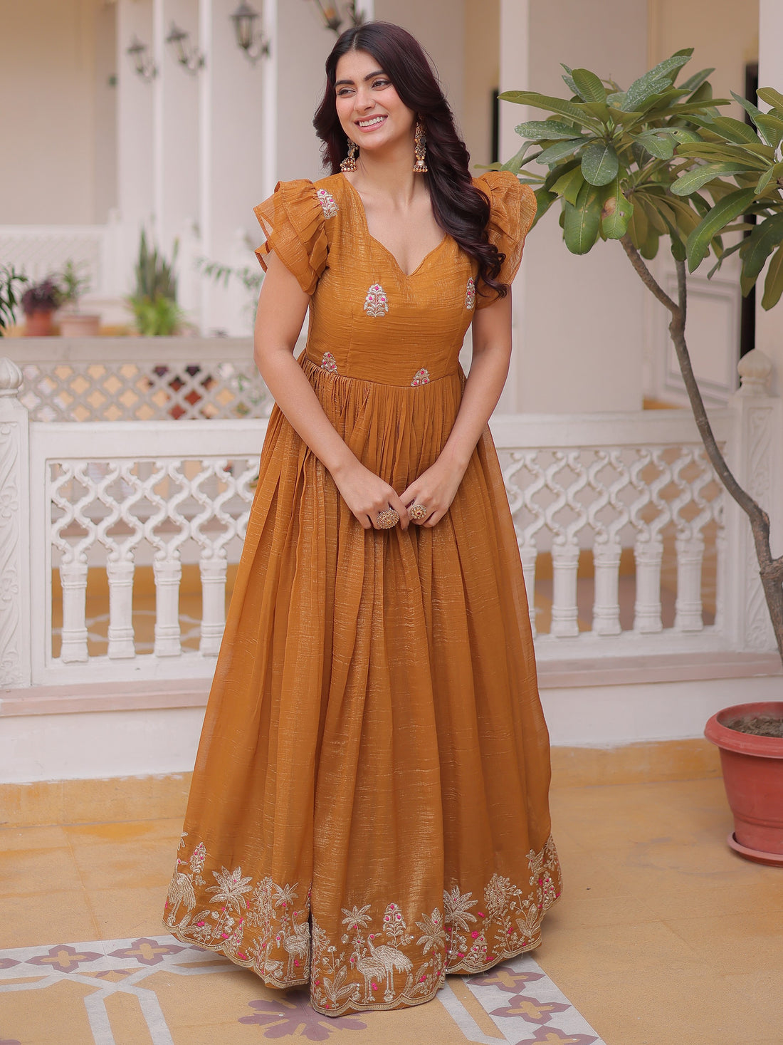 Outstanding Yellow Embroidered Organza Festival Wear Gown