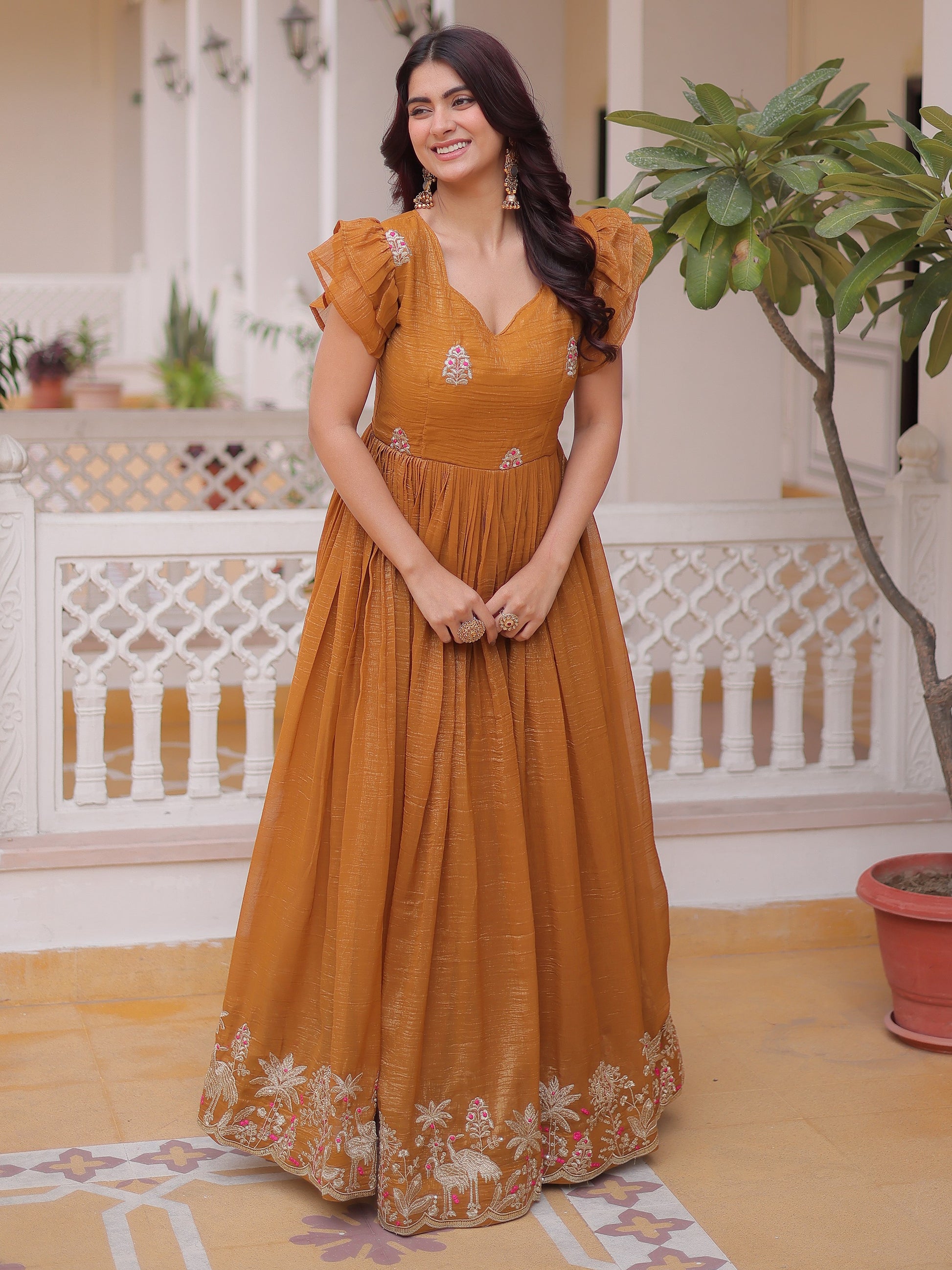 Outstanding Yellow Embroidered Organza Festival Wear Gown