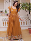 Outstanding Yellow Embroidered Organza Festival Wear Gown