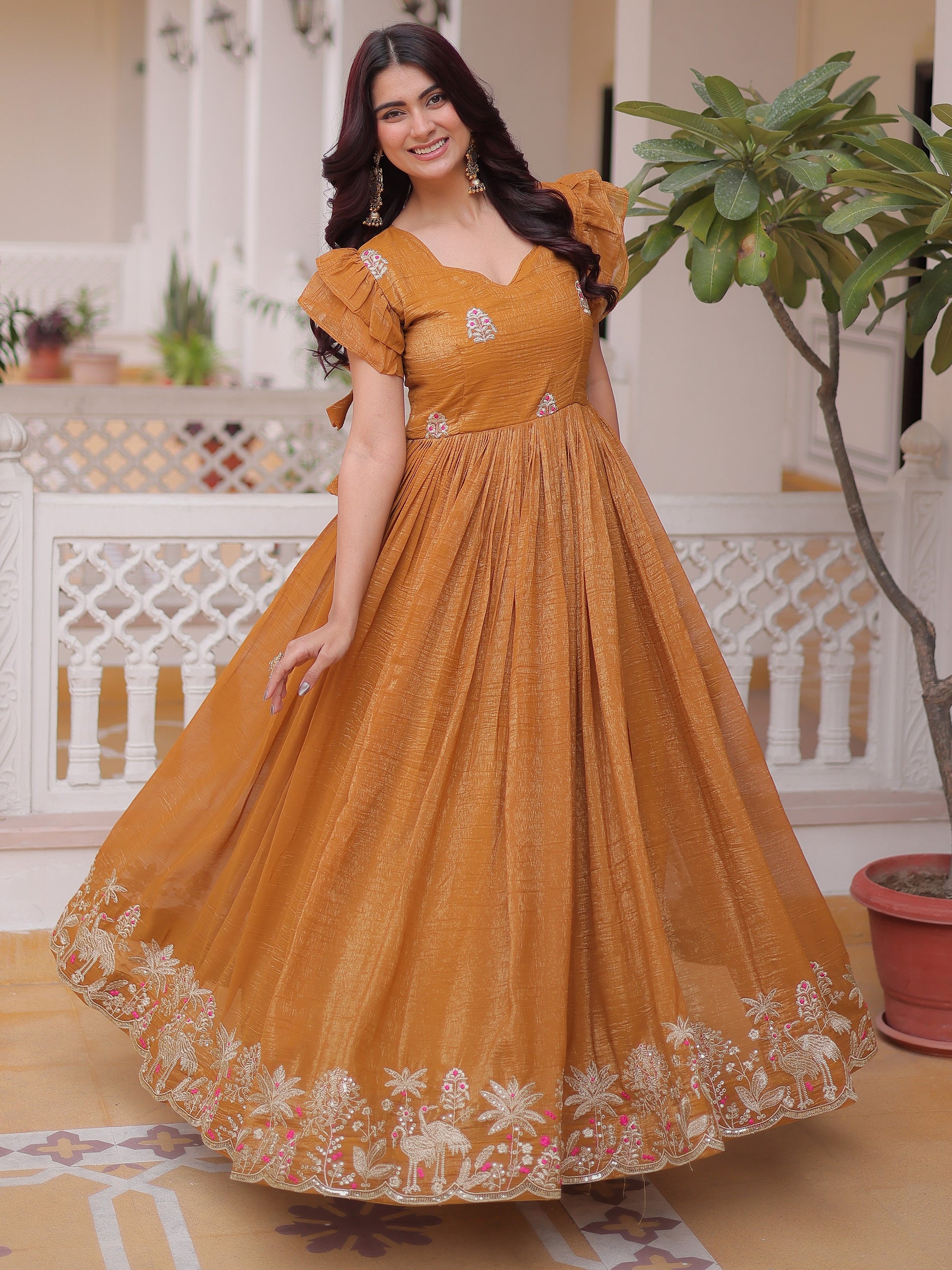 Outstanding Yellow Embroidered Organza Festival Wear Gown