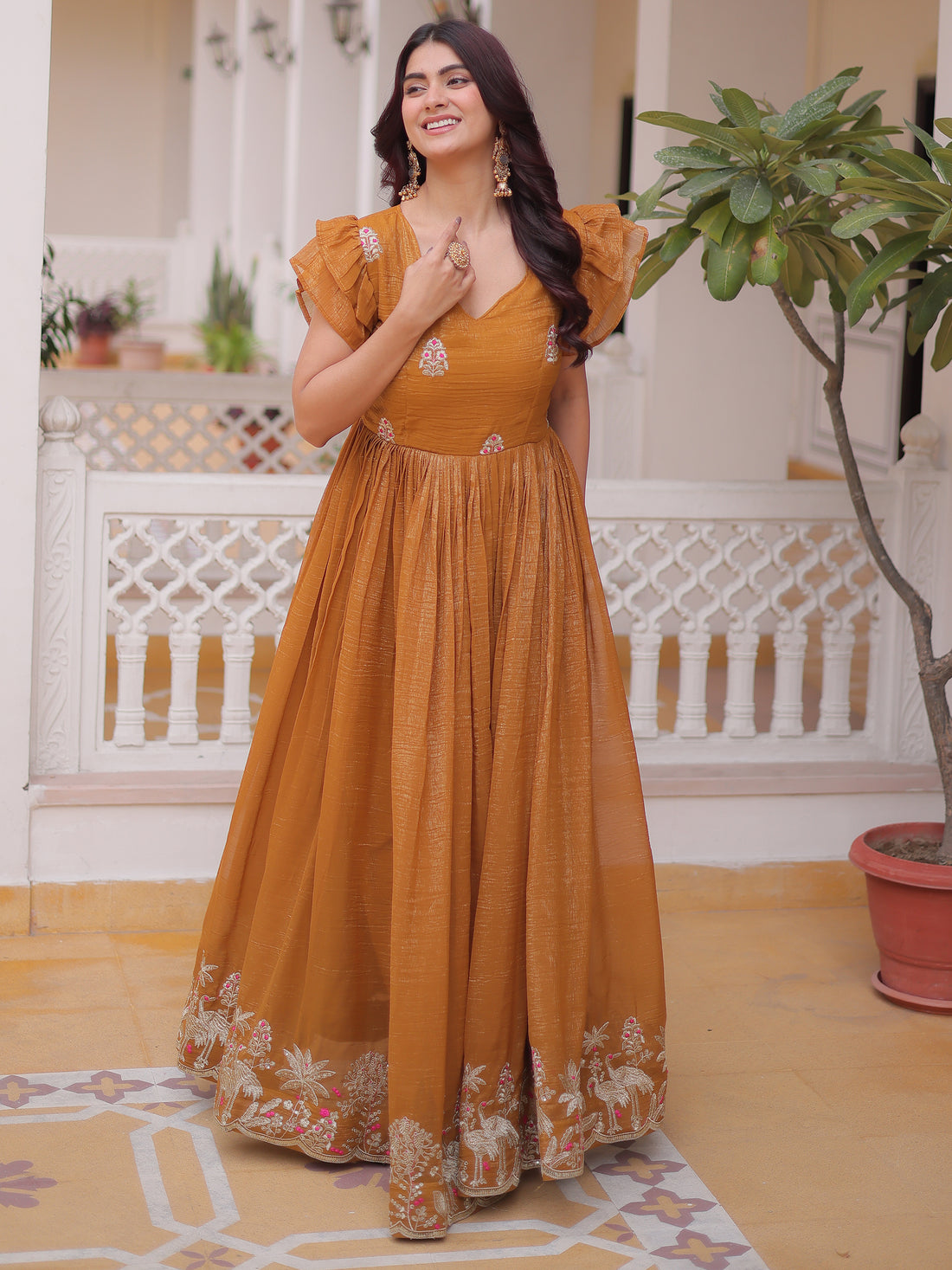 Outstanding Yellow Embroidered Organza Festival Wear Gown