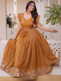 Outstanding Yellow Embroidered Organza Festival Wear Gown