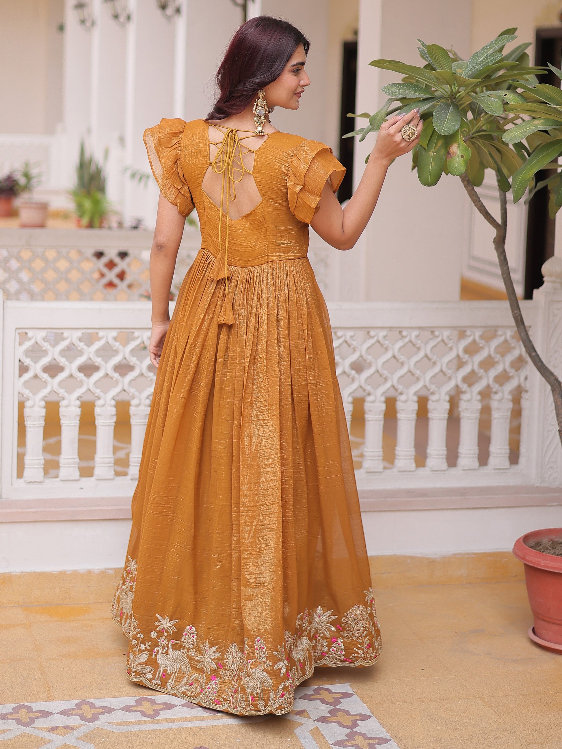 Outstanding Yellow Embroidered Organza Festival Wear Gown