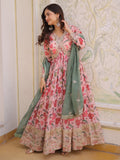 Classic Peach Floral Printed Silk Festive Wear Gown With Dupatta