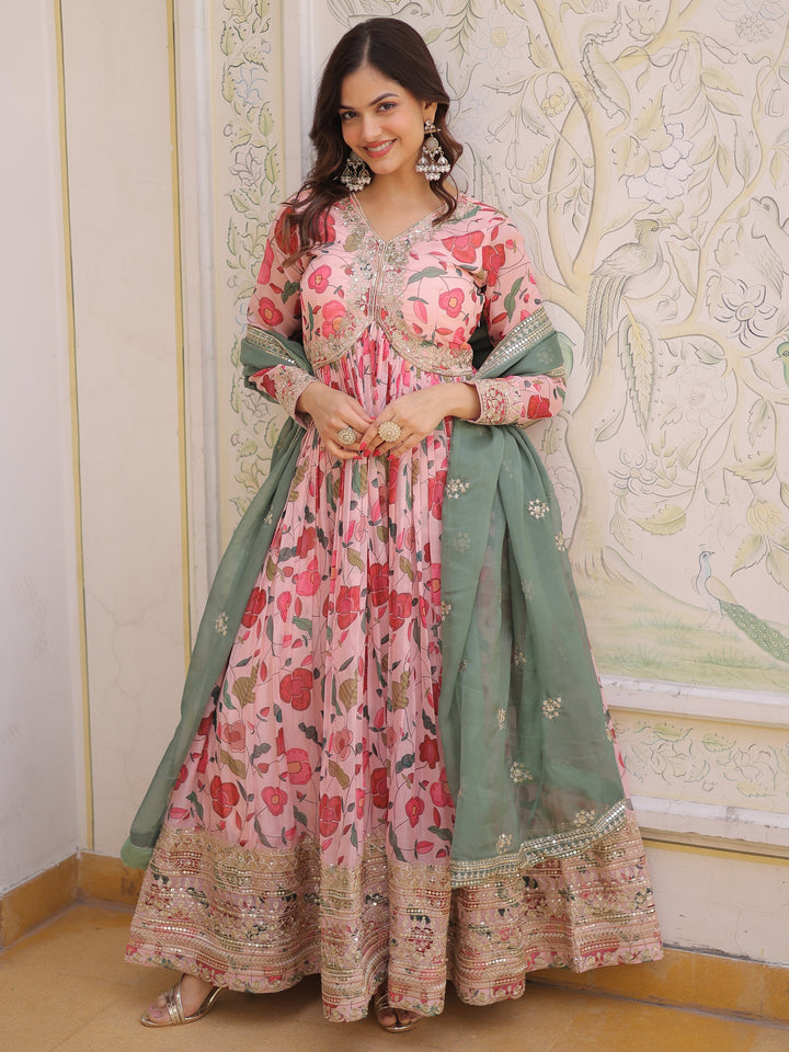 Classic Peach Floral Printed Silk Festive Wear Gown With Dupatta