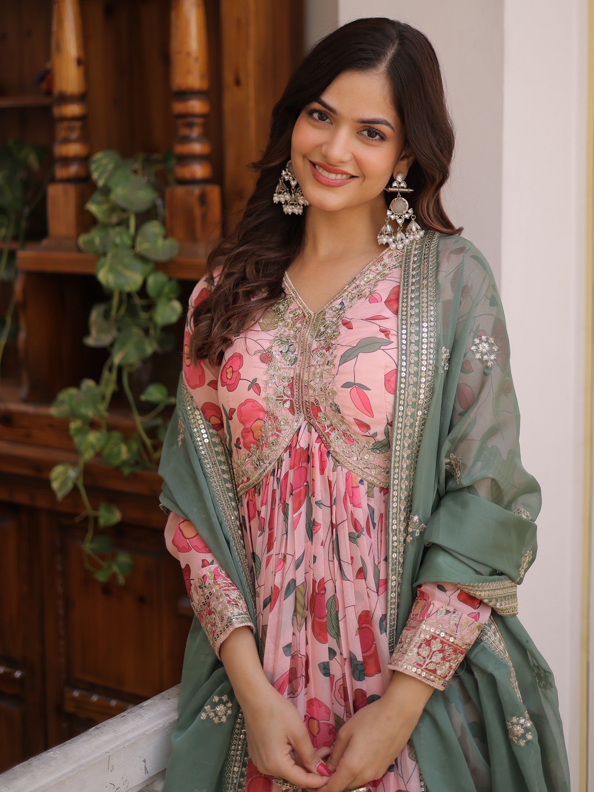 Classic Peach Floral Printed Silk Festive Wear Gown With Dupatta