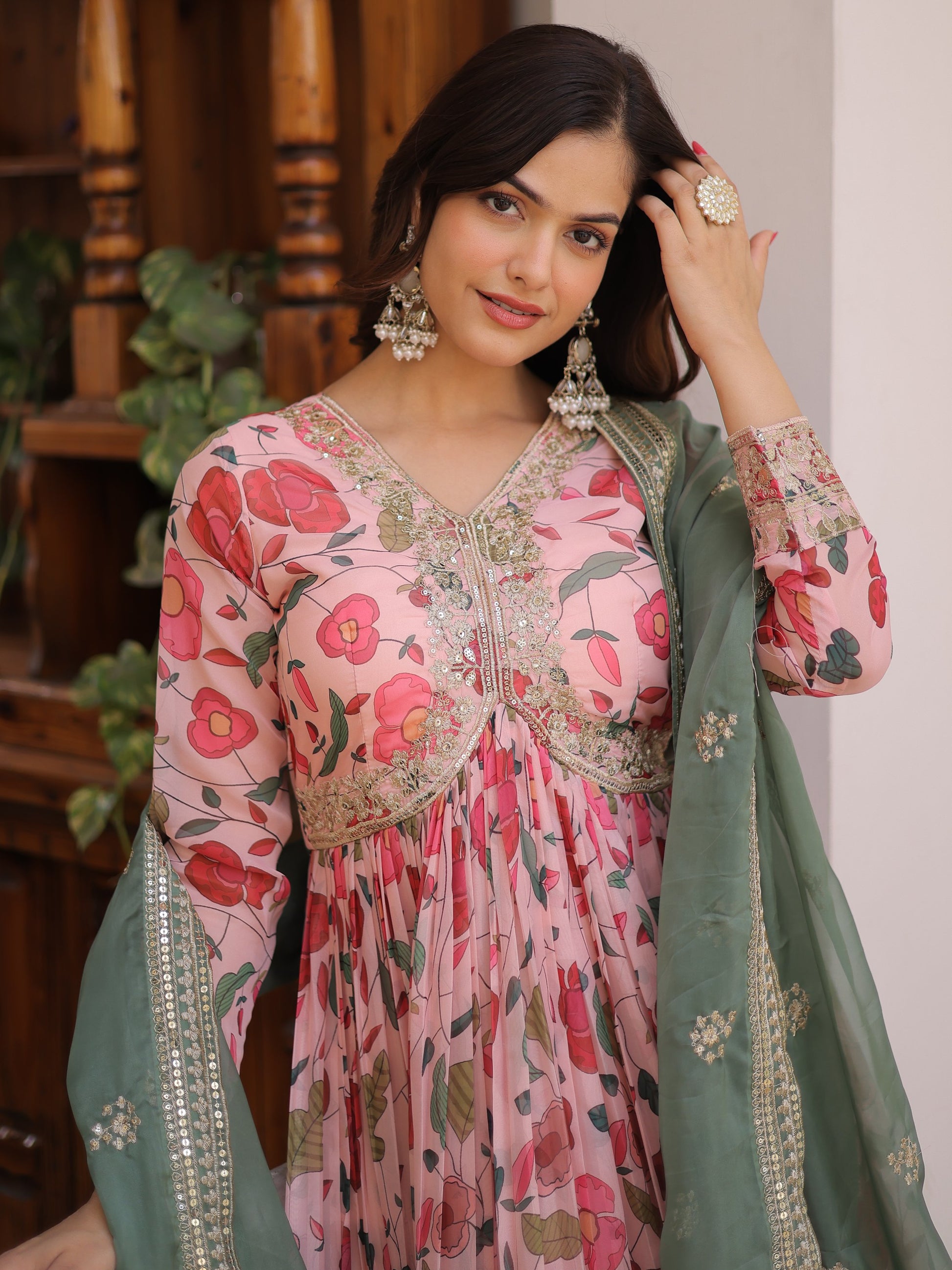 Classic Peach Floral Printed Silk Festive Wear Gown With Dupatta