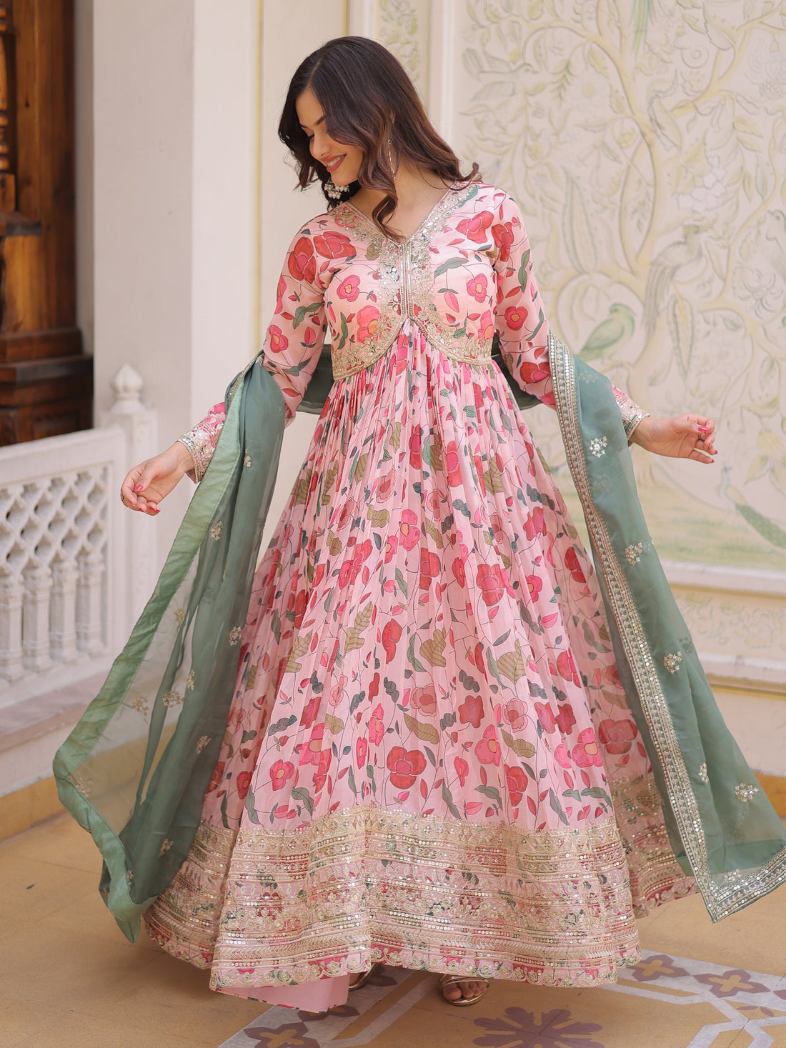 Classic Peach Floral Printed Silk Festive Wear Gown With Dupatta