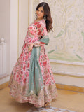 Classic Peach Floral Printed Silk Festive Wear Gown With Dupatta