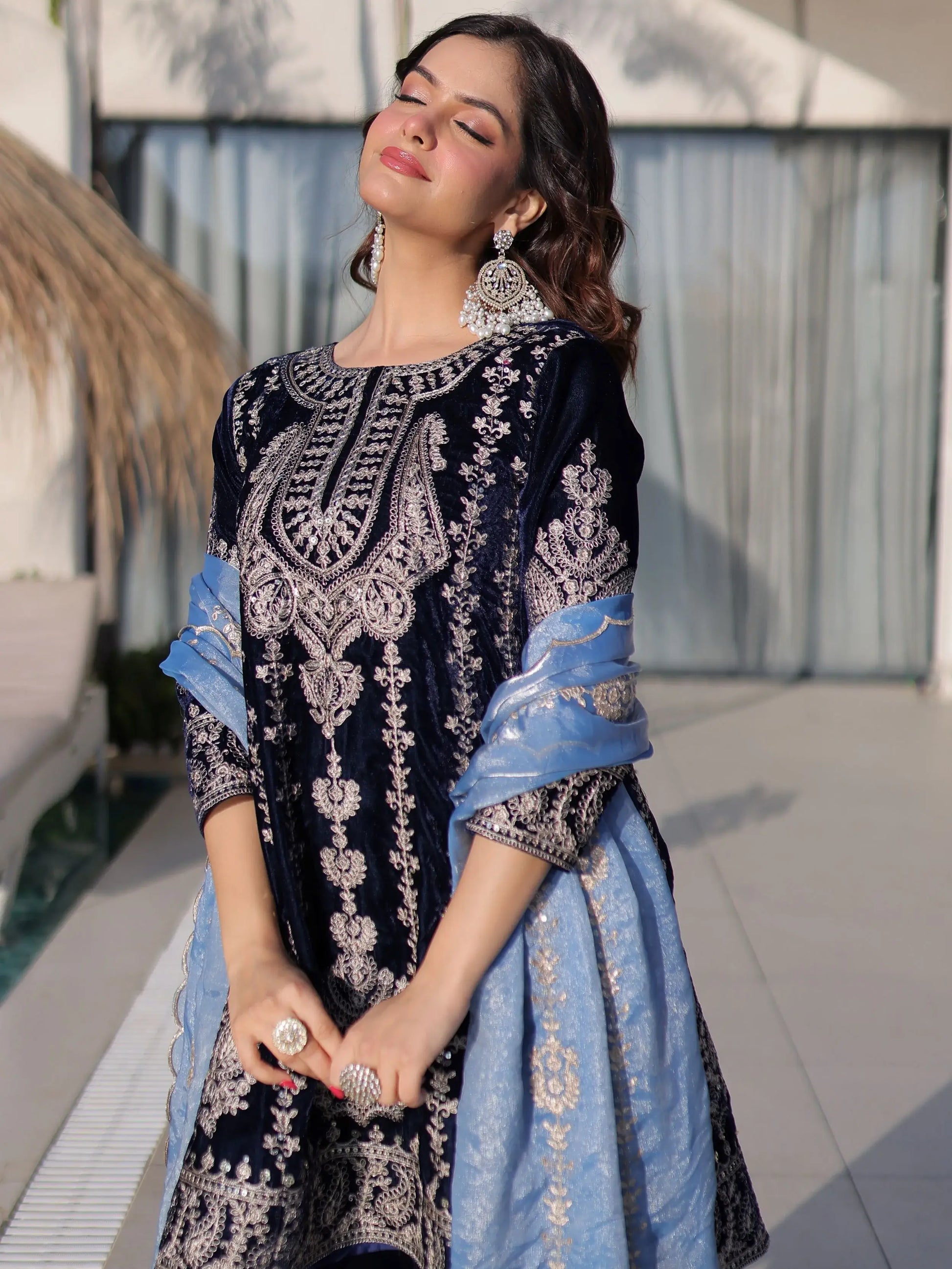 Spectacular Navy Blue Zari Embroidery Velvet Wedding Wear Salwar Kameez