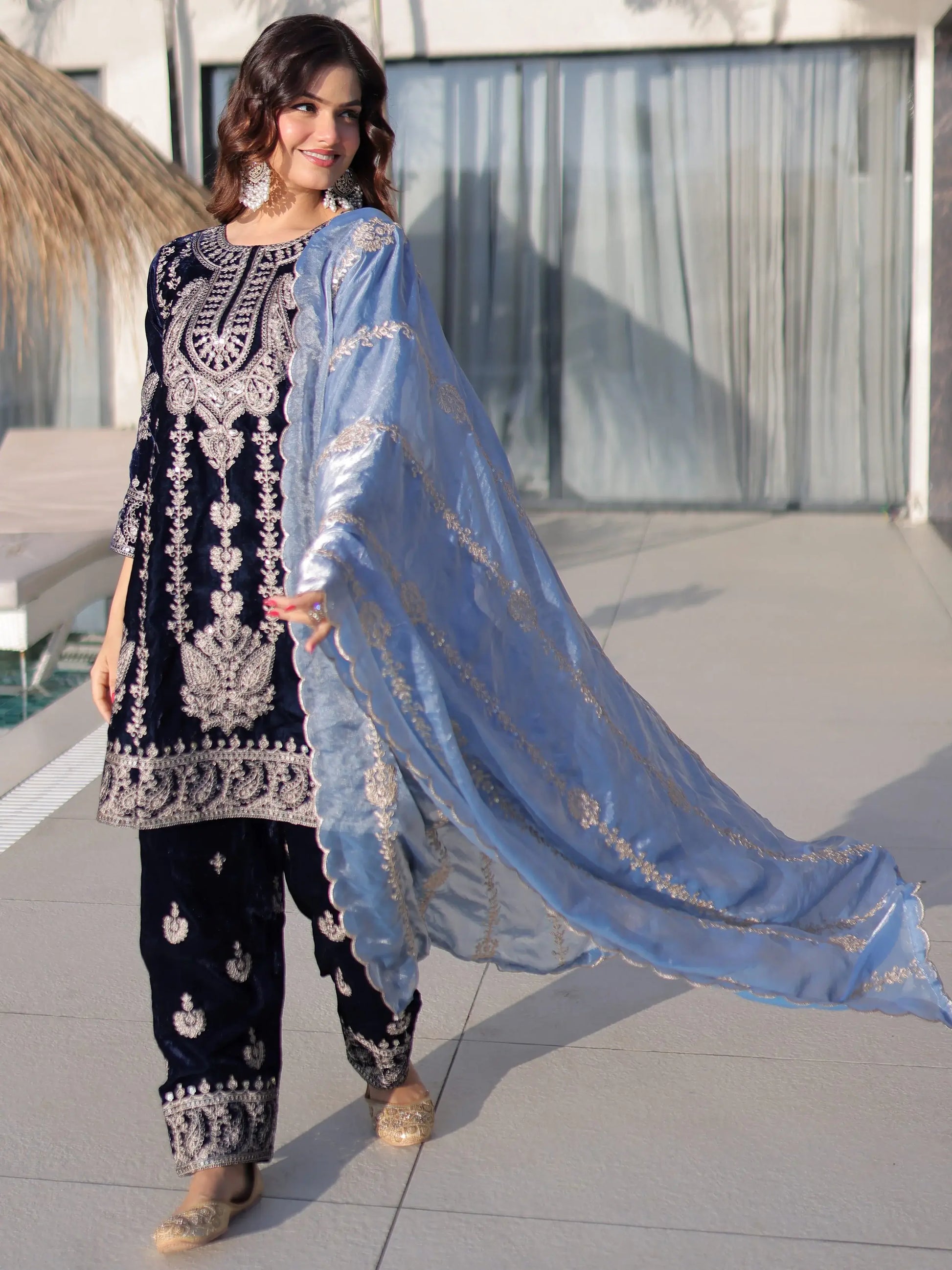 Spectacular Navy Blue Zari Embroidery Velvet Wedding Wear Salwar Kameez