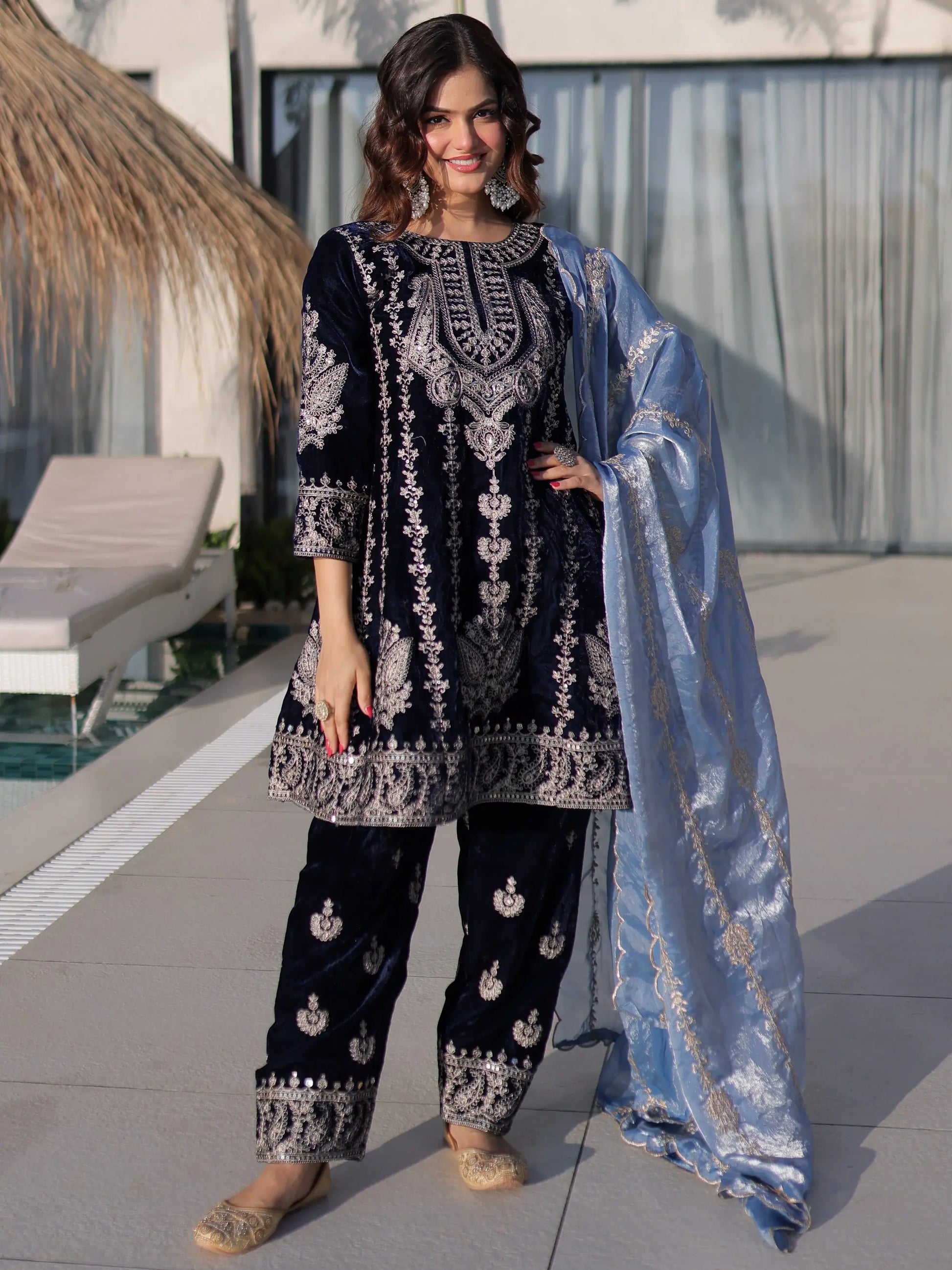 Spectacular Navy Blue Zari Embroidery Velvet Wedding Wear Salwar Kameez