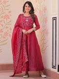 Graceful Maroon Beads Work Crush Festival Wear Gown With Dupatta
