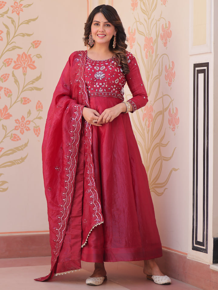 Graceful Maroon Beads Work Crush Festival Wear Gown With Dupatta