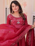 Graceful Maroon Beads Work Crush Festival Wear Gown With Dupatta