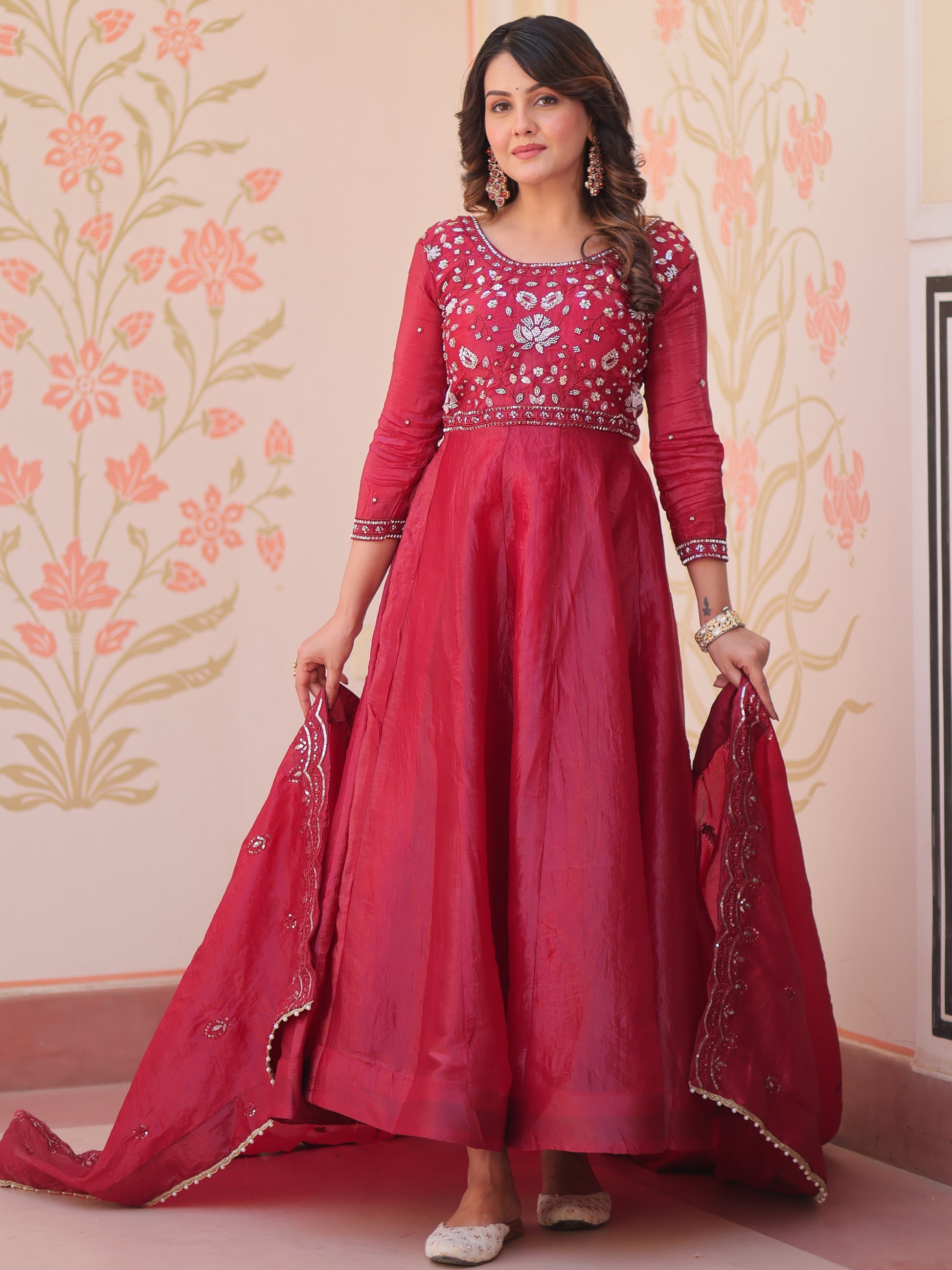 Graceful Maroon Beads Work Crush Festival Wear Gown With Dupatta