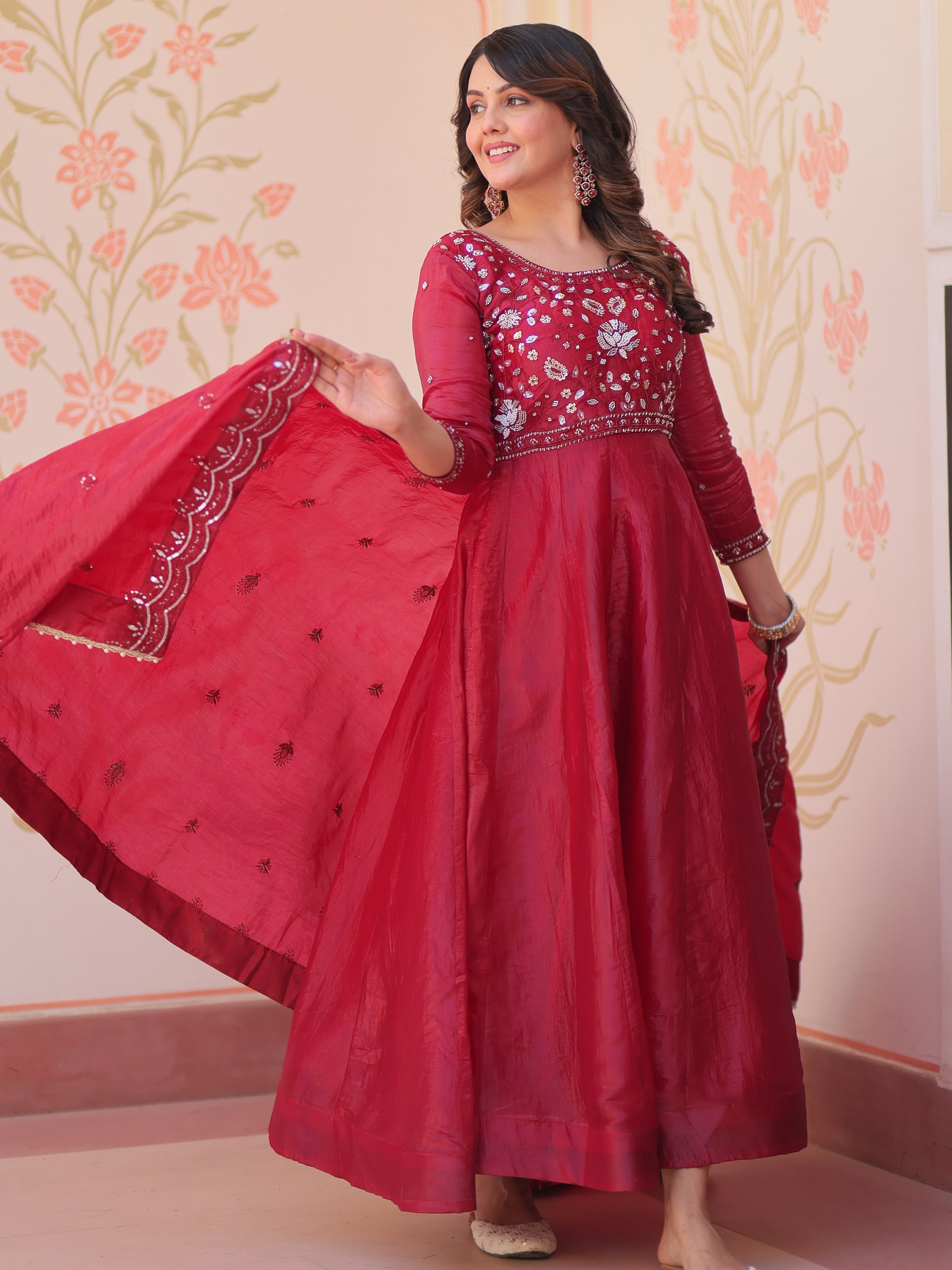 Graceful Maroon Beads Work Crush Festival Wear Gown With Dupatta