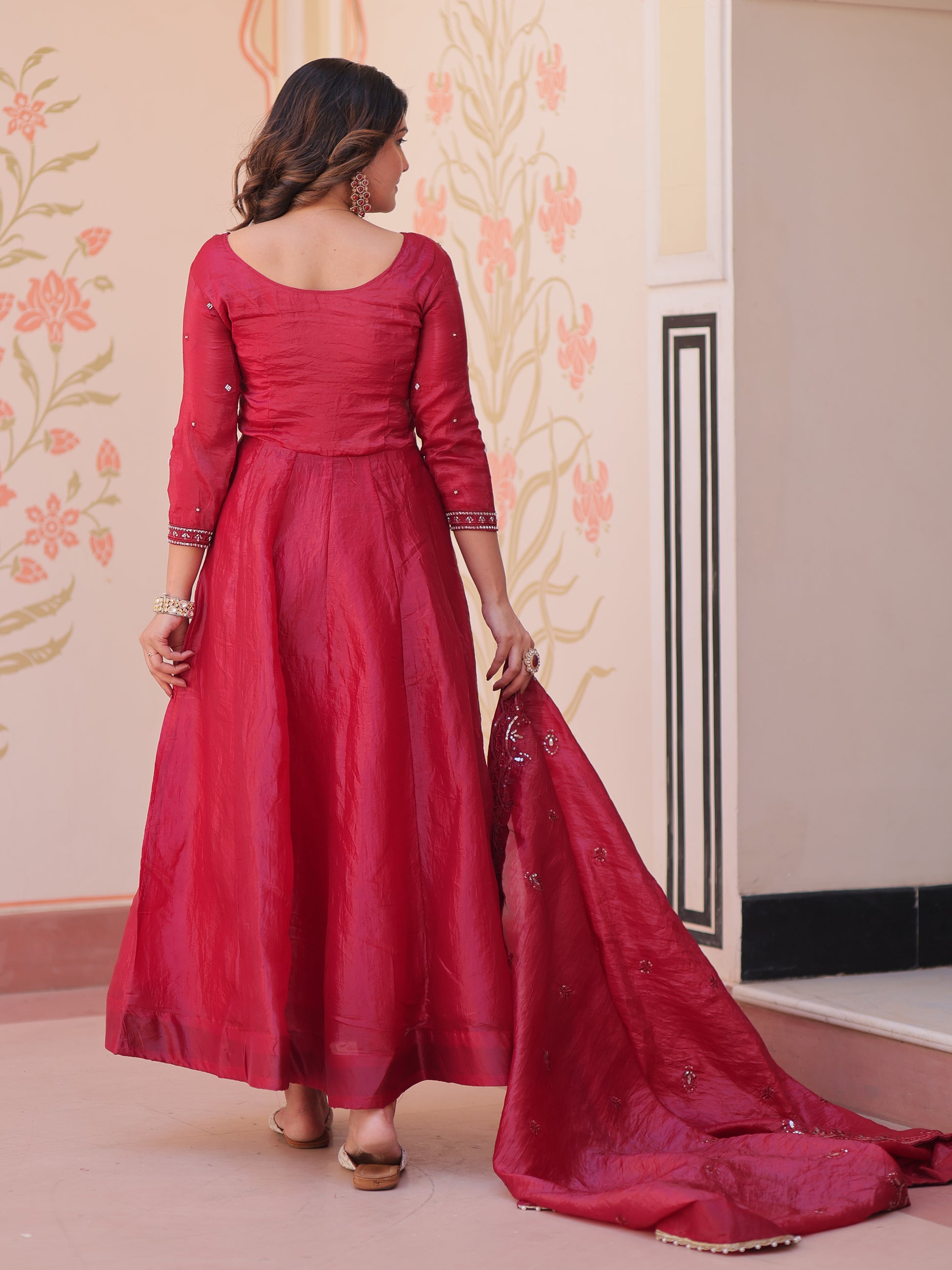 Graceful Maroon Beads Work Crush Festival Wear Gown With Dupatta