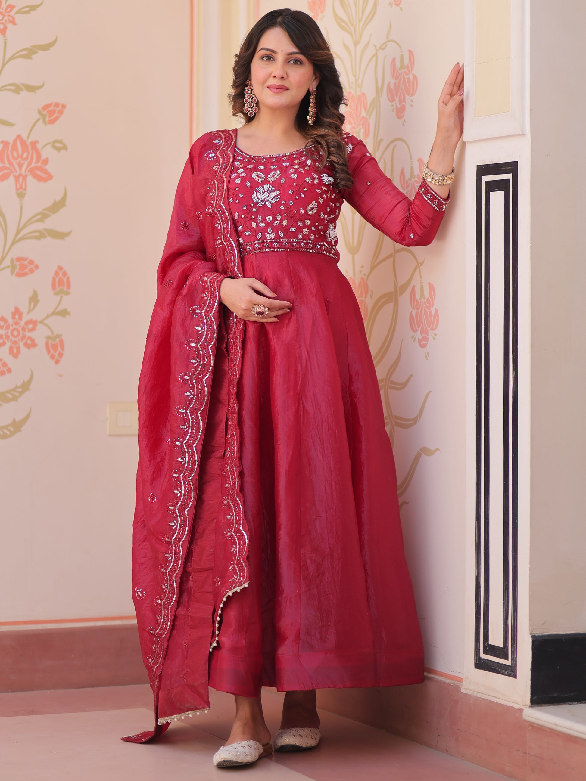 Graceful Maroon Beads Work Crush Festival Wear Gown With Dupatta