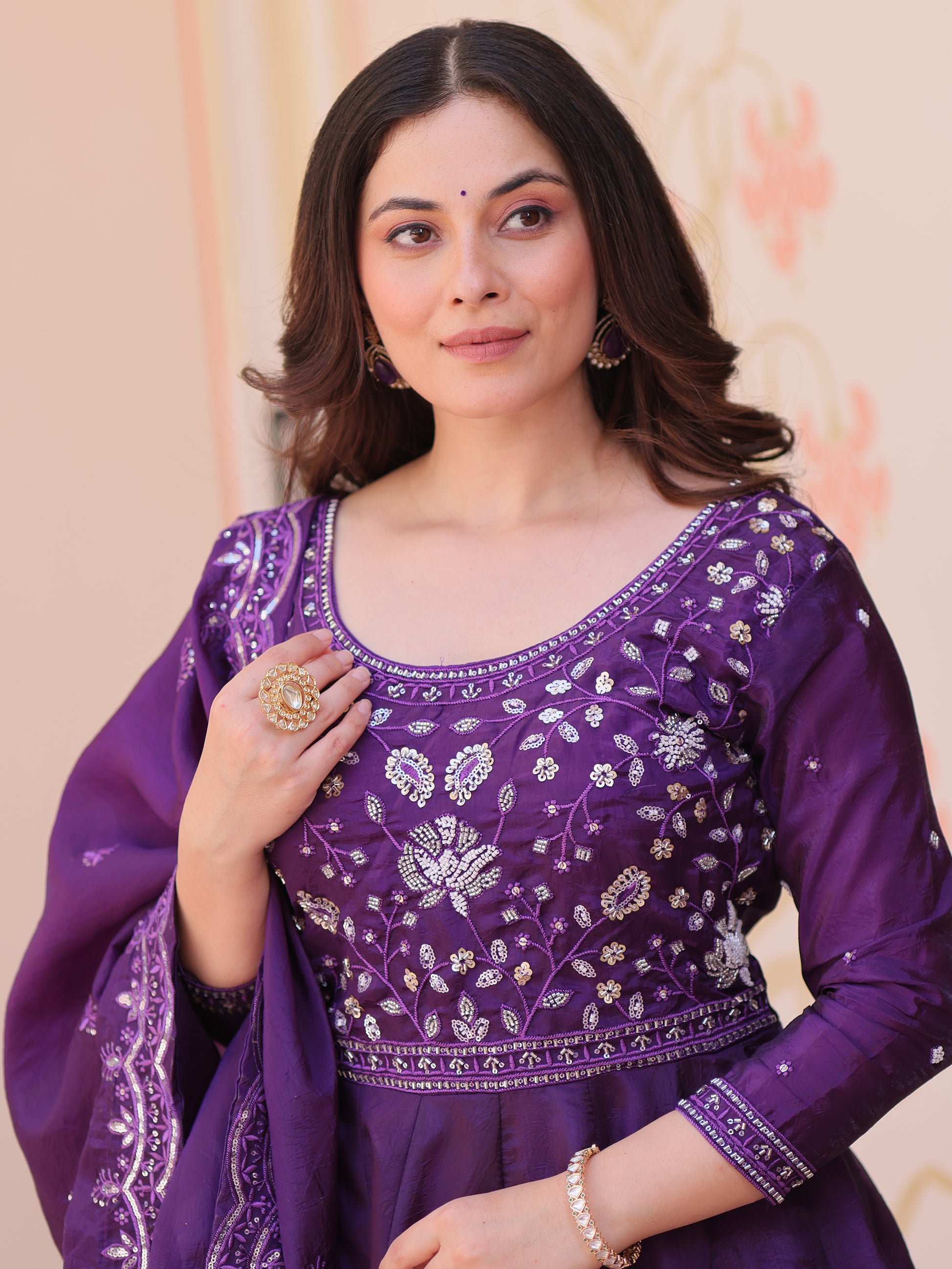 Beautiful Purple Beads Work Crush Event Wear Gown With Dupatta