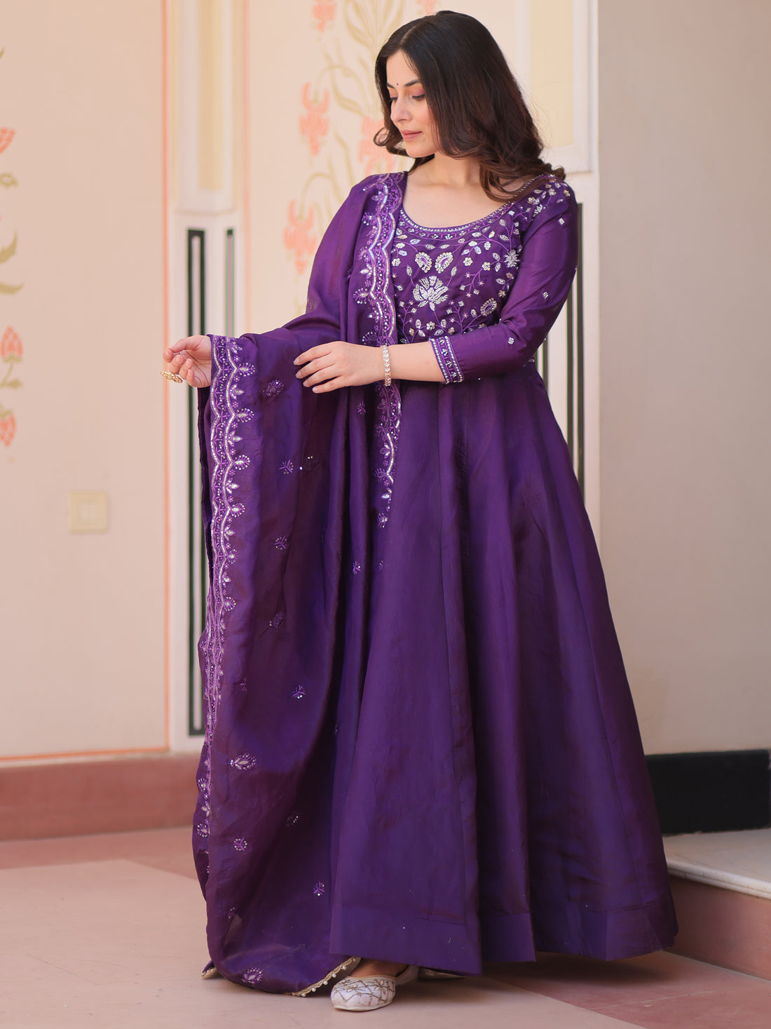 Beautiful Purple Beads Work Crush Event Wear Gown With Dupatta