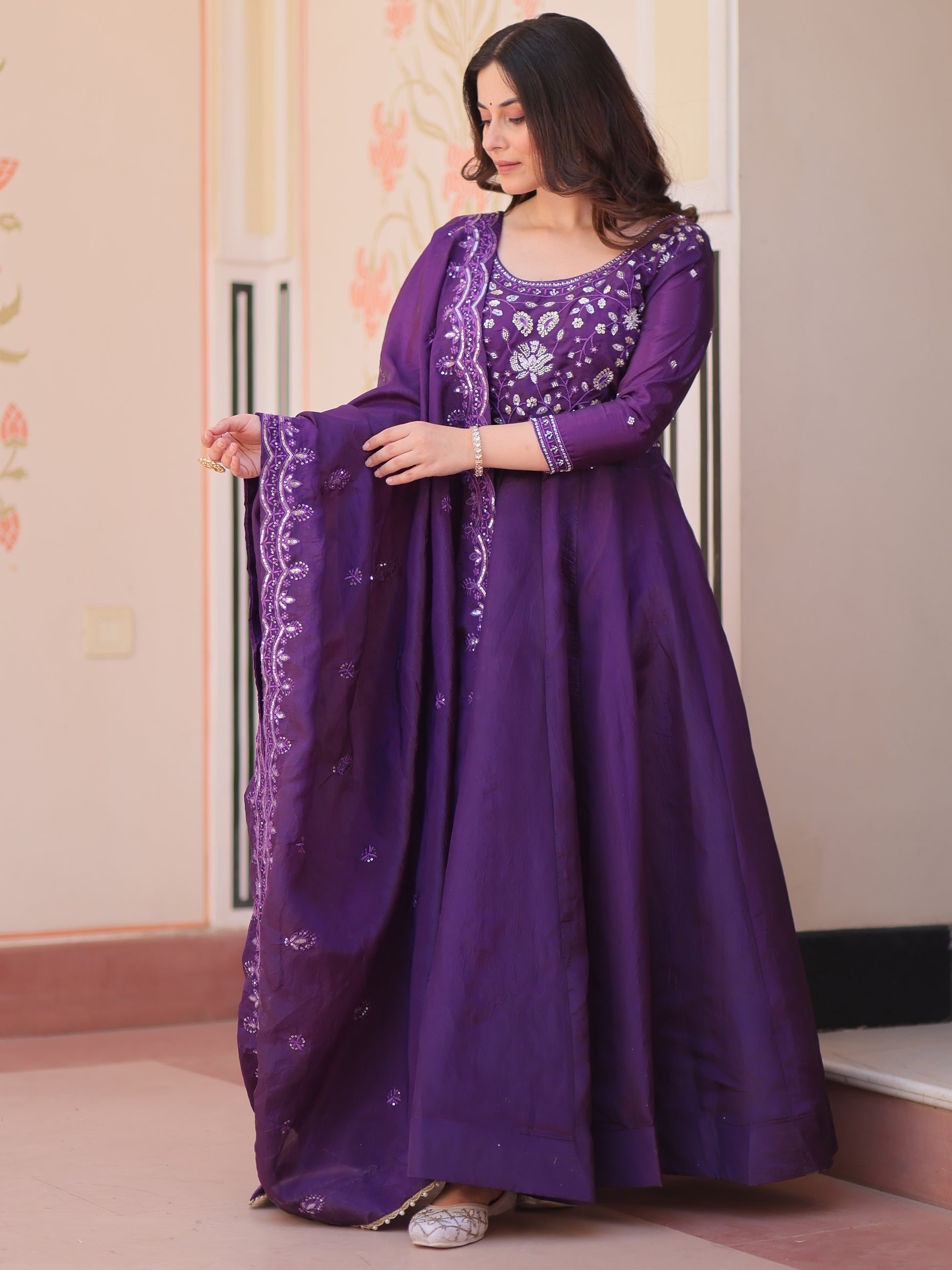 Beautiful Purple Beads Work Crush Event Wear Gown With Dupatta
