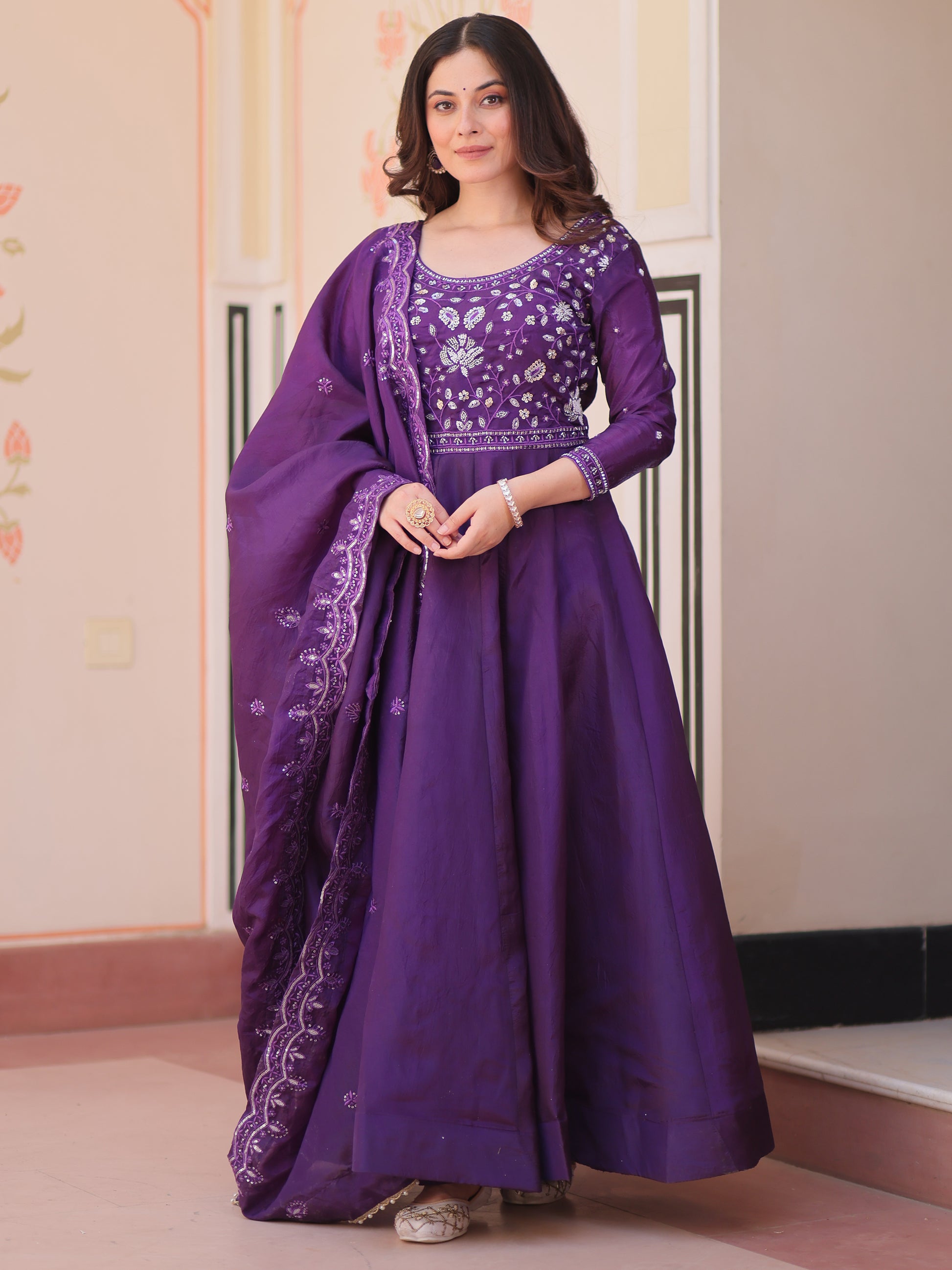 Beautiful Purple Beads Work Crush Event Wear Gown With Dupatta