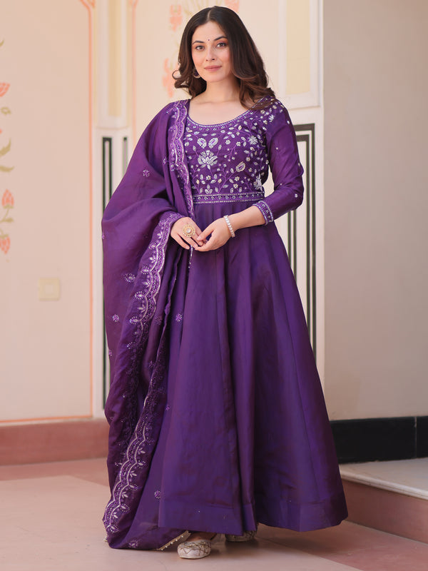 Beautiful Purple Beads Work Crush Event Wear Gown With Dupatta