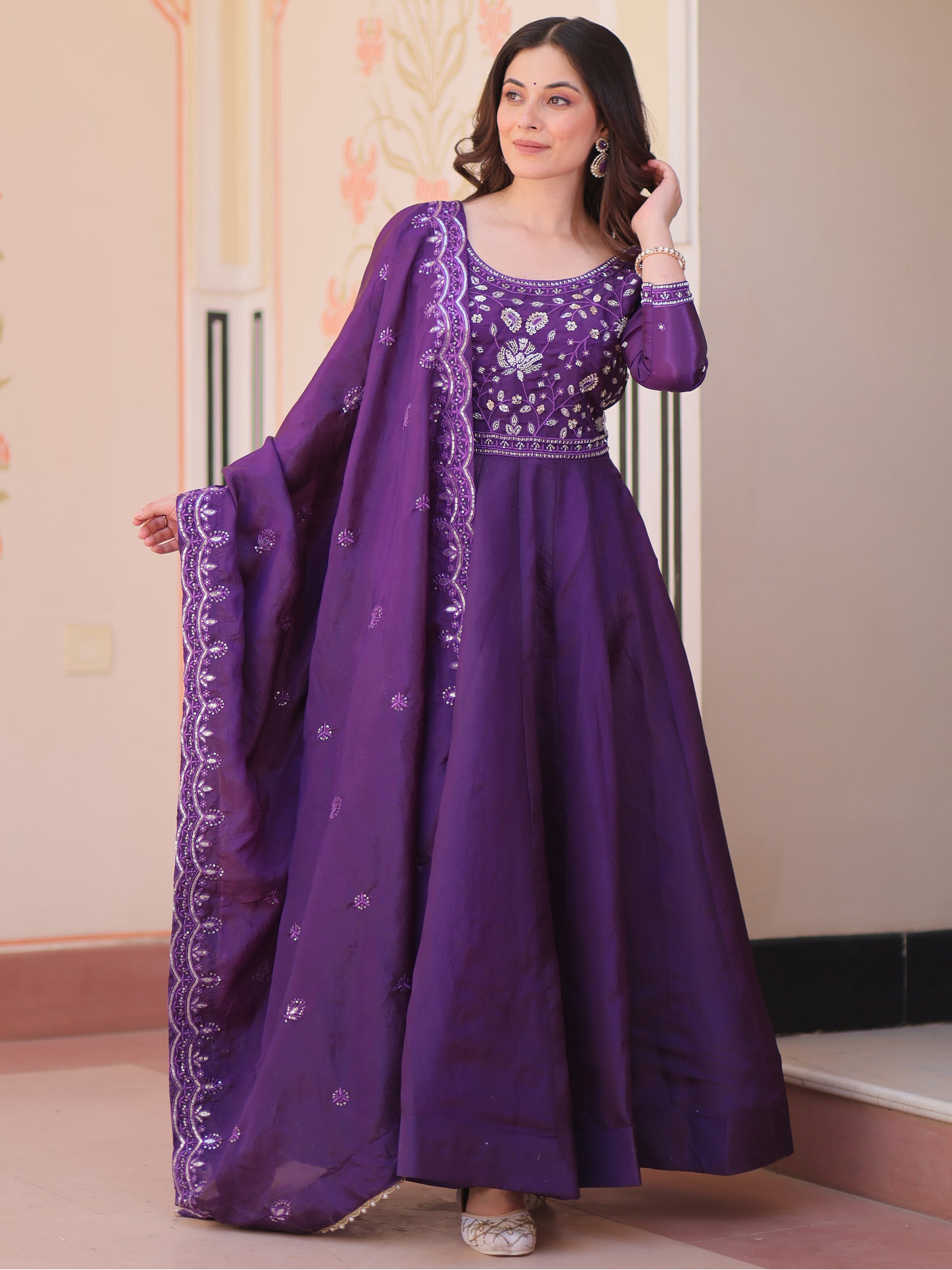 Beautiful Purple Beads Work Crush Event Wear Gown With Dupatta