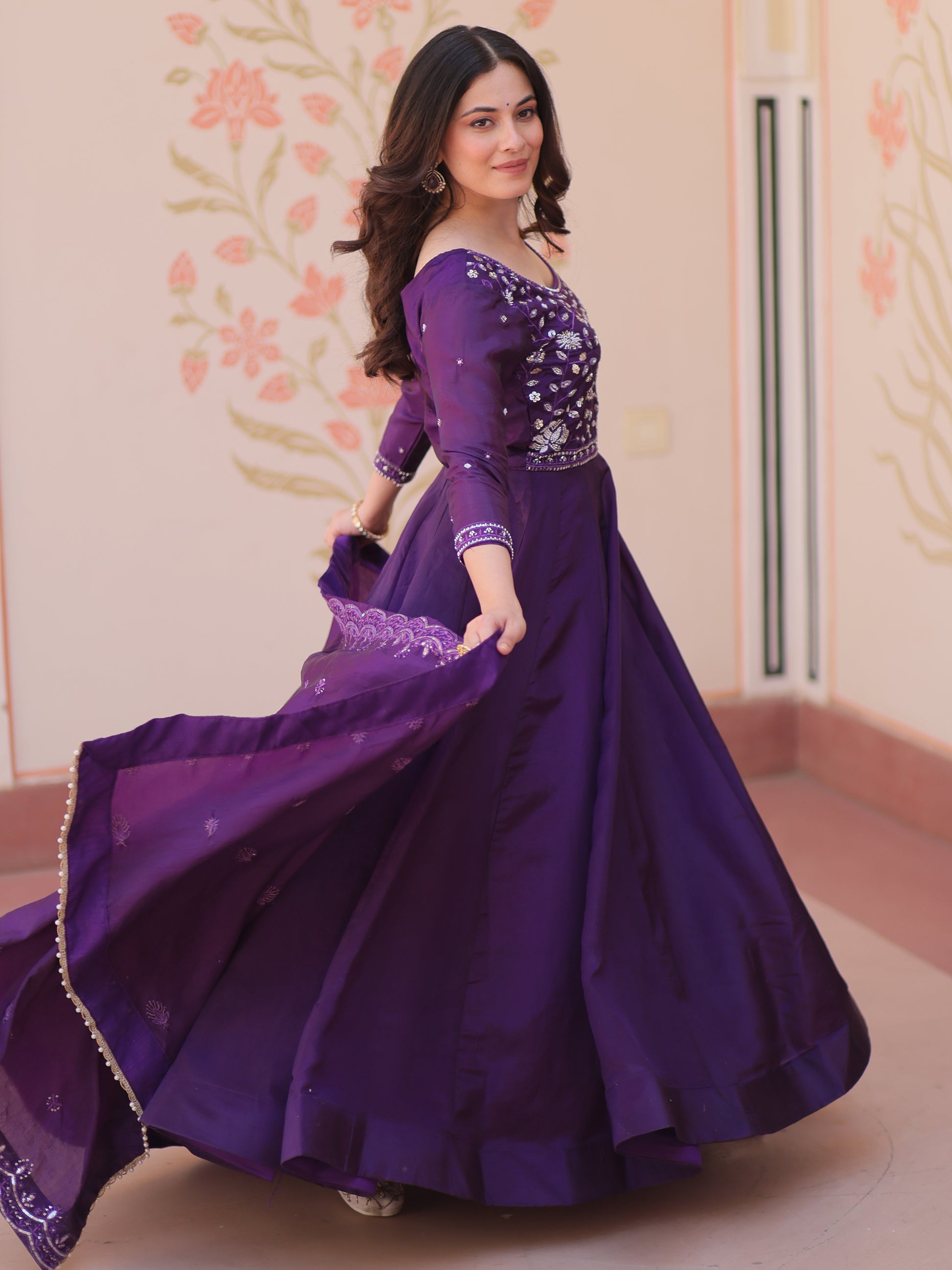 Beautiful Purple Beads Work Crush Event Wear Gown With Dupatta