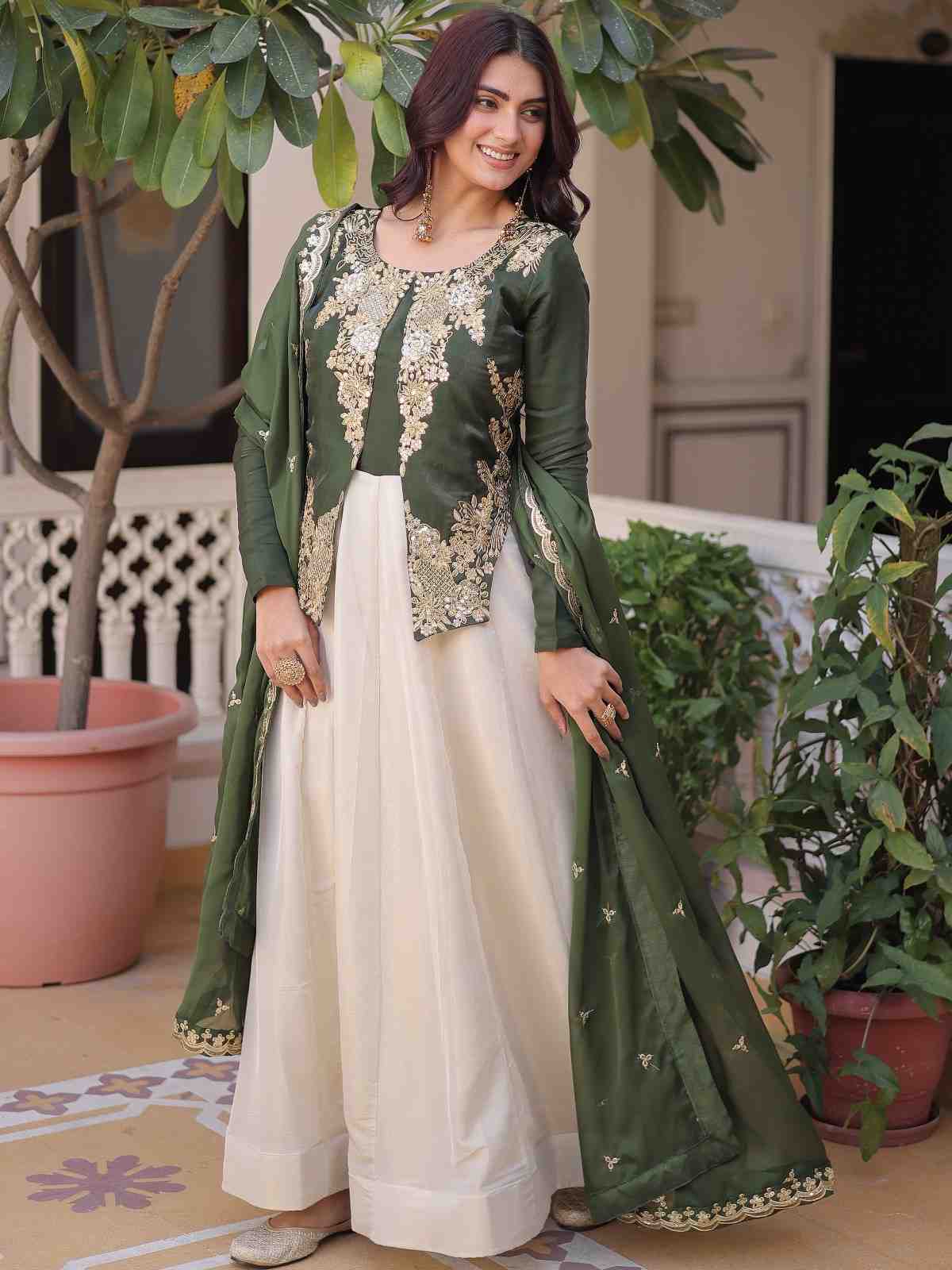 Stupendous Olive Green Sequins Silk Mehendi Wear Gown With Dupatta