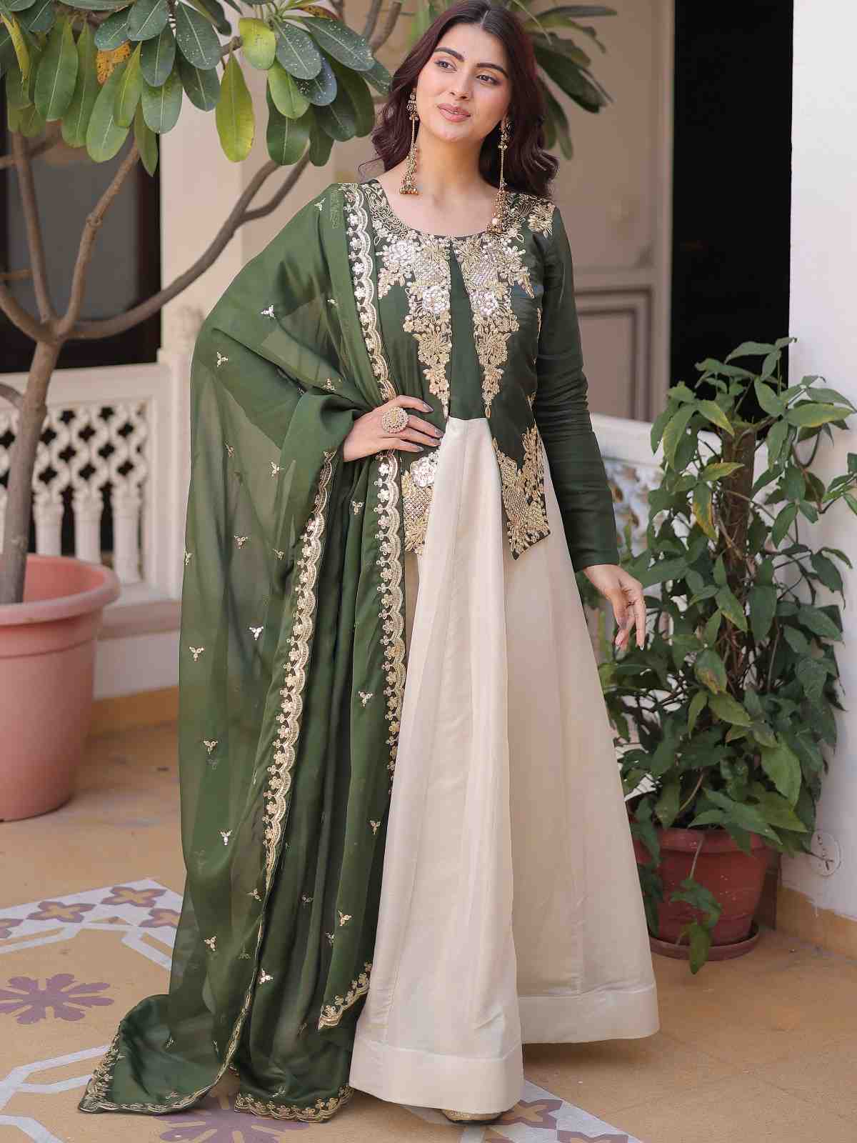 Stupendous Olive Green Sequins Silk Mehendi Wear Gown With Dupatta