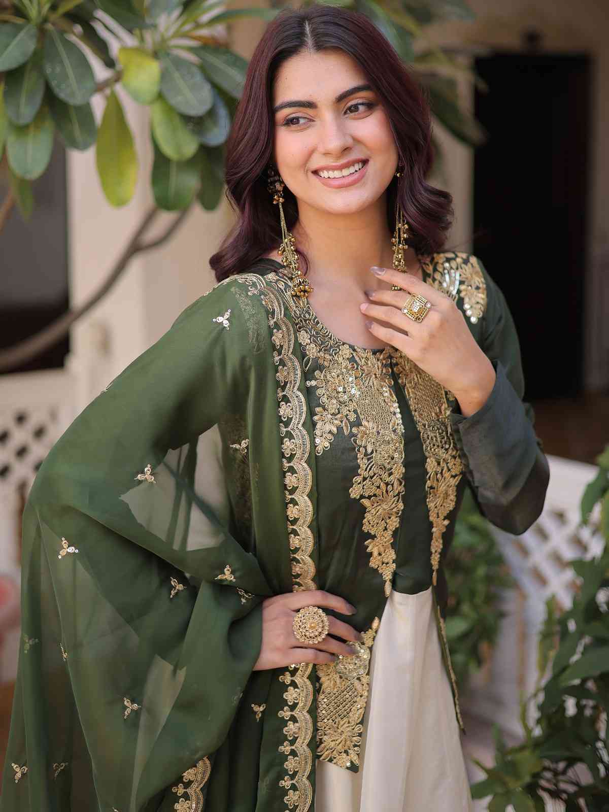 Stupendous Olive Green Sequins Silk Mehendi Wear Gown With Dupatta