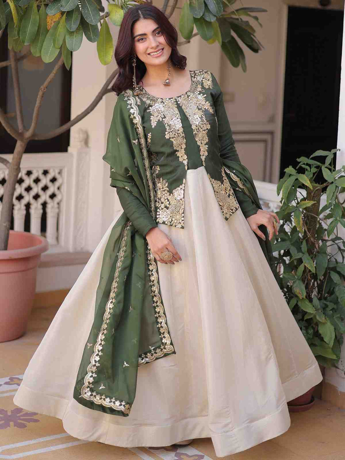 Stupendous Olive Green Sequins Silk Mehendi Wear Gown With Dupatta