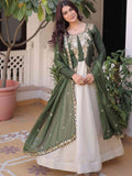 Stupendous Olive Green Sequins Silk Mehendi Wear Gown With Dupatta