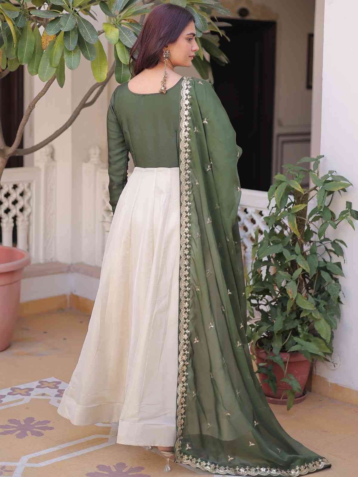Stupendous Olive Green Sequins Silk Mehendi Wear Gown With Dupatta