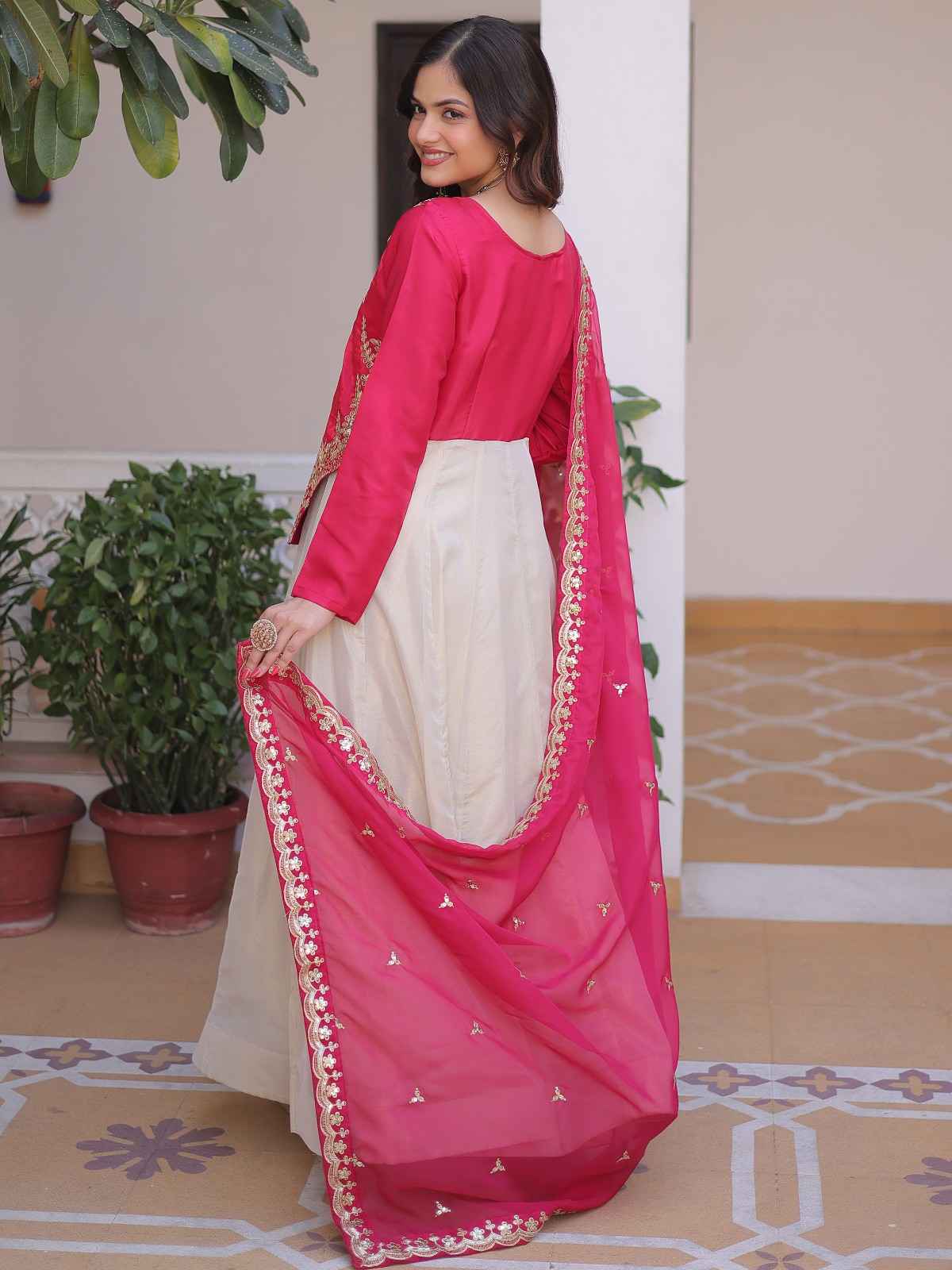 Pretty Hot Pink Embroidered Silk Wedding Wear Gown With Dupatta