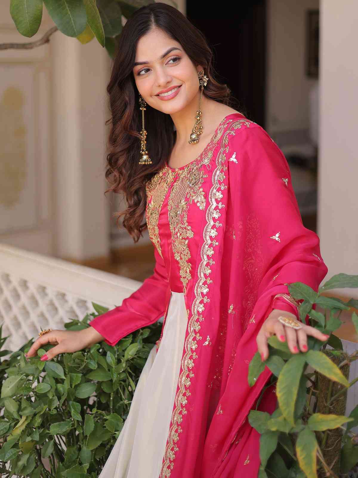 Pretty Hot Pink Embroidered Silk Wedding Wear Gown With Dupatta