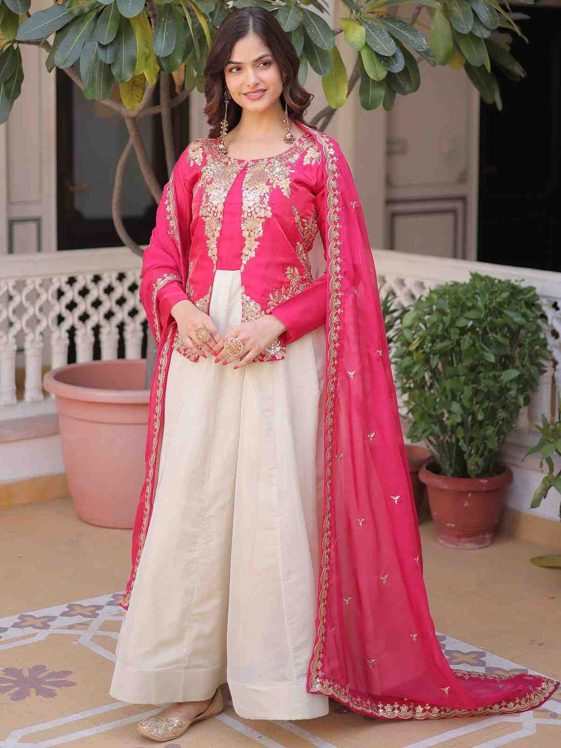 Pretty Hot Pink Embroidered Silk Wedding Wear Gown With Dupatta