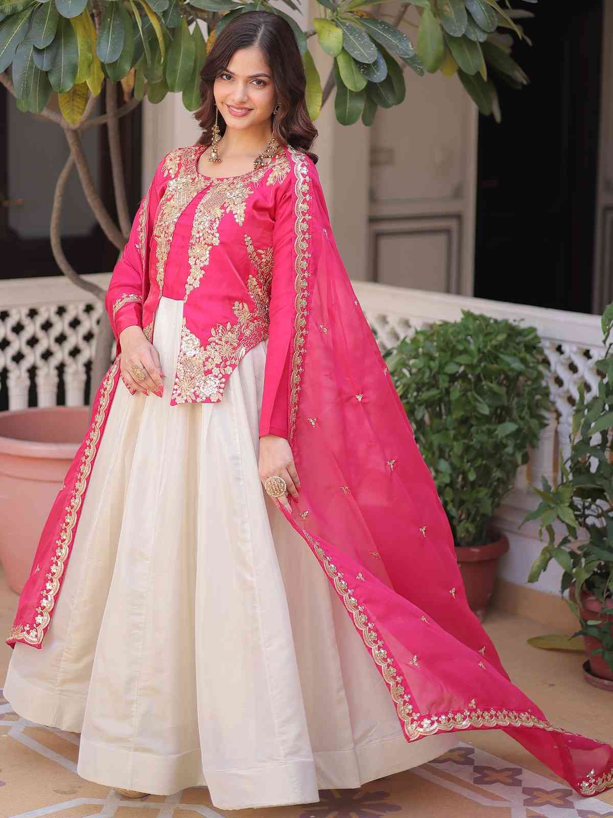 Pretty Hot Pink Embroidered Silk Wedding Wear Gown With Dupatta