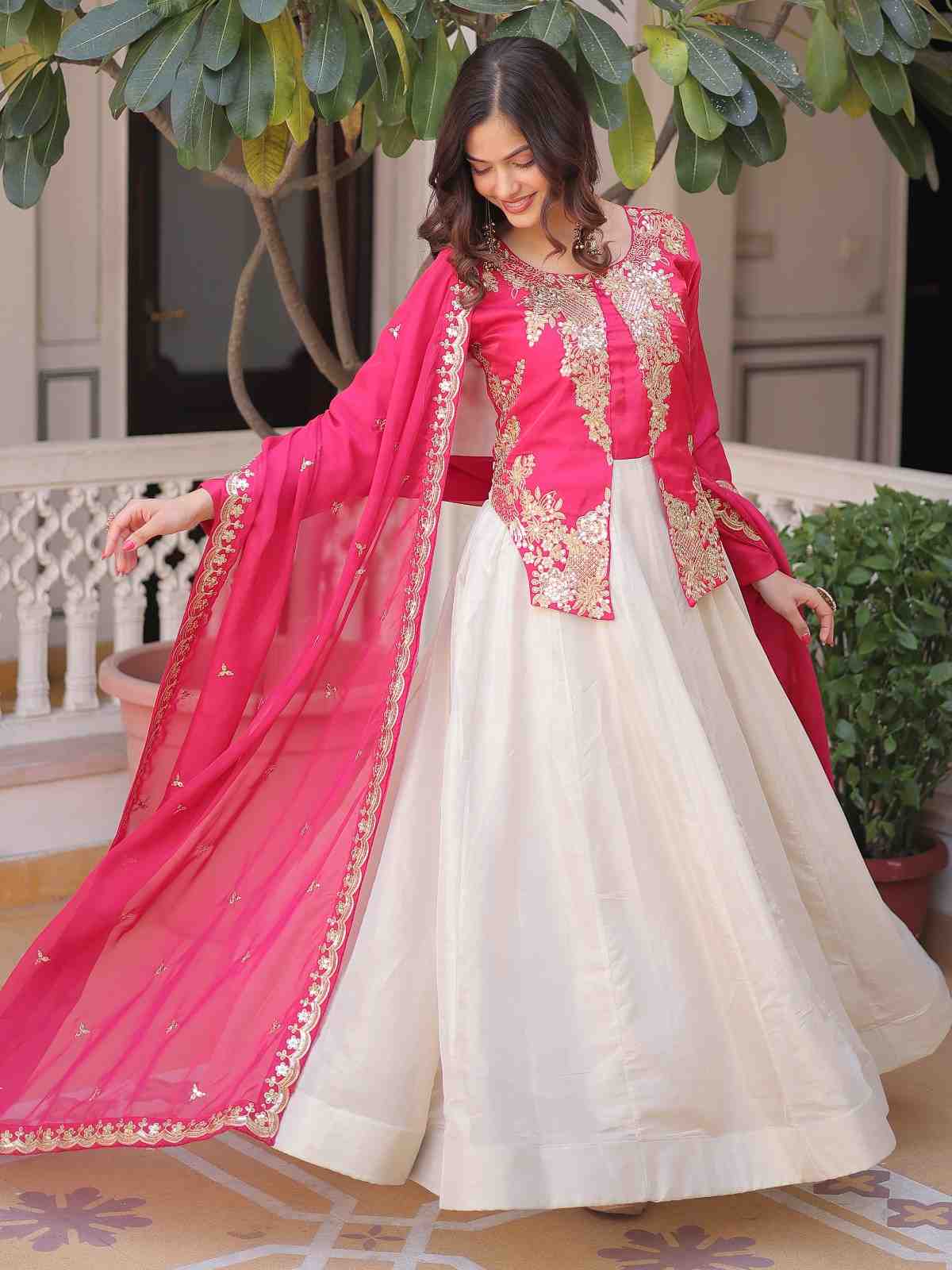 Pretty Hot Pink Embroidered Silk Wedding Wear Gown With Dupatta