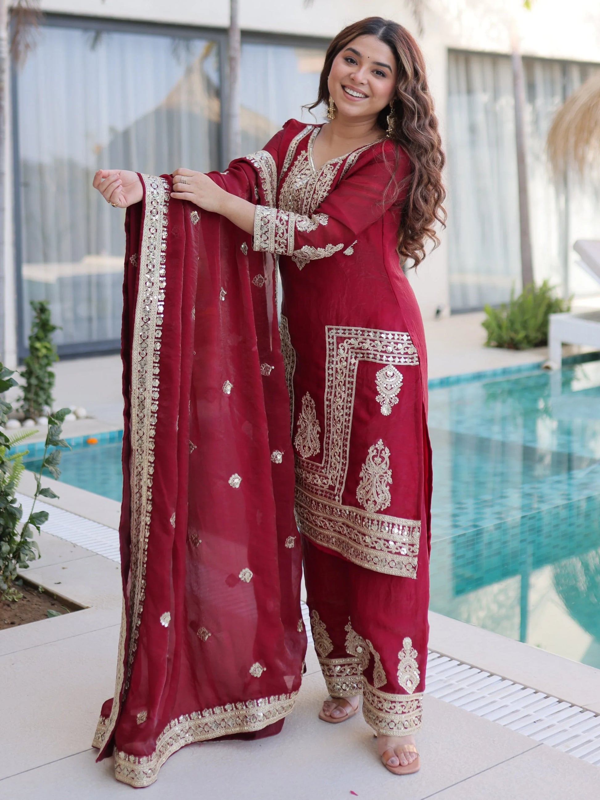 Stylish Maroon Coding Embroidered Silk Wedding Wear Pant Suit With Dupatta