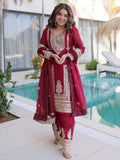 Stylish Maroon Coding Embroidered Silk Wedding Wear Pant Suit With Dupatta