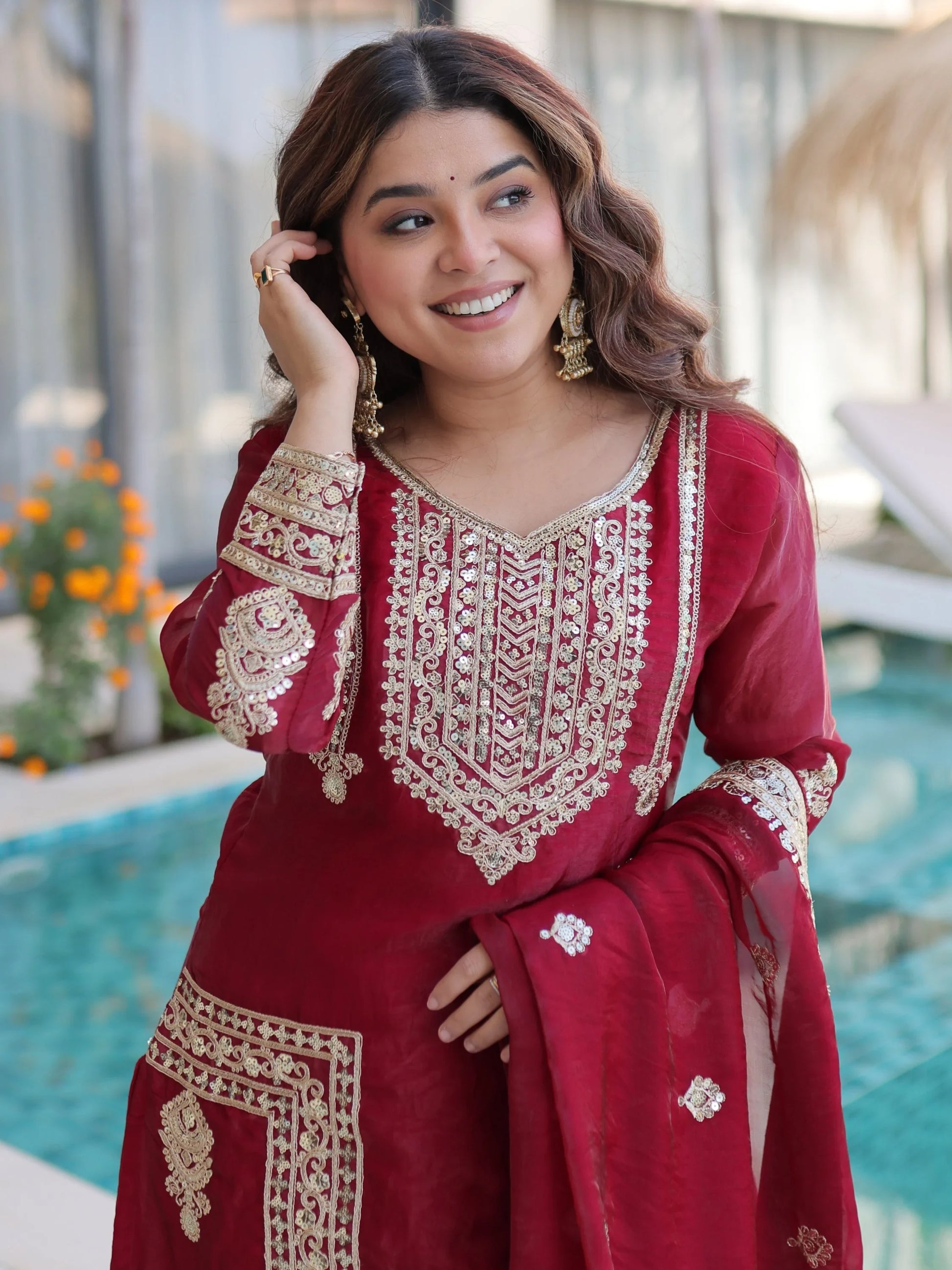 Stylish Maroon Coding Embroidered Silk Wedding Wear Pant Suit With Dupatta