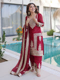 Stylish Maroon Coding Embroidered Silk Wedding Wear Pant Suit With Dupatta