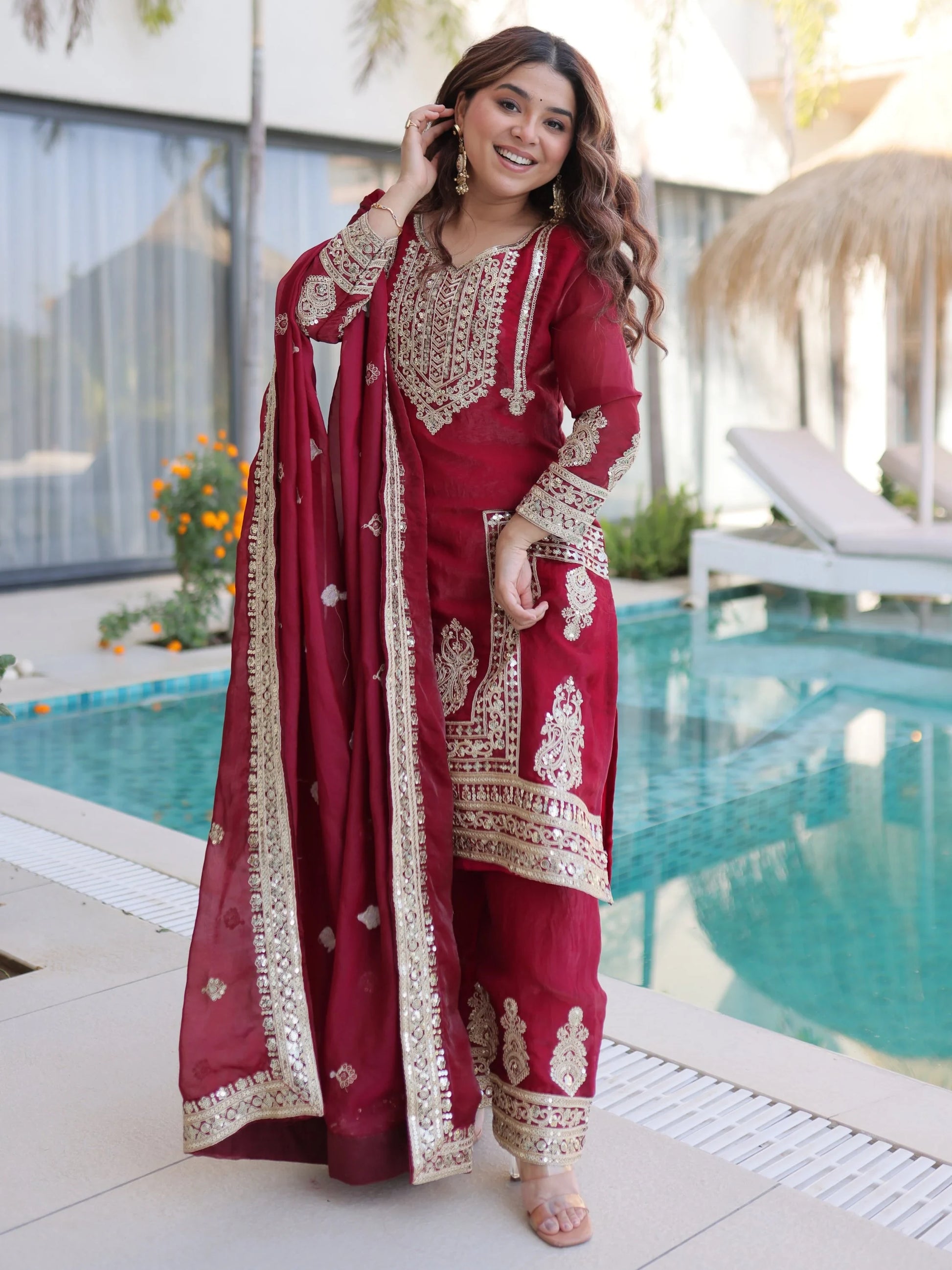Stylish Maroon Coding Embroidered Silk Wedding Wear Pant Suit With Dupatta